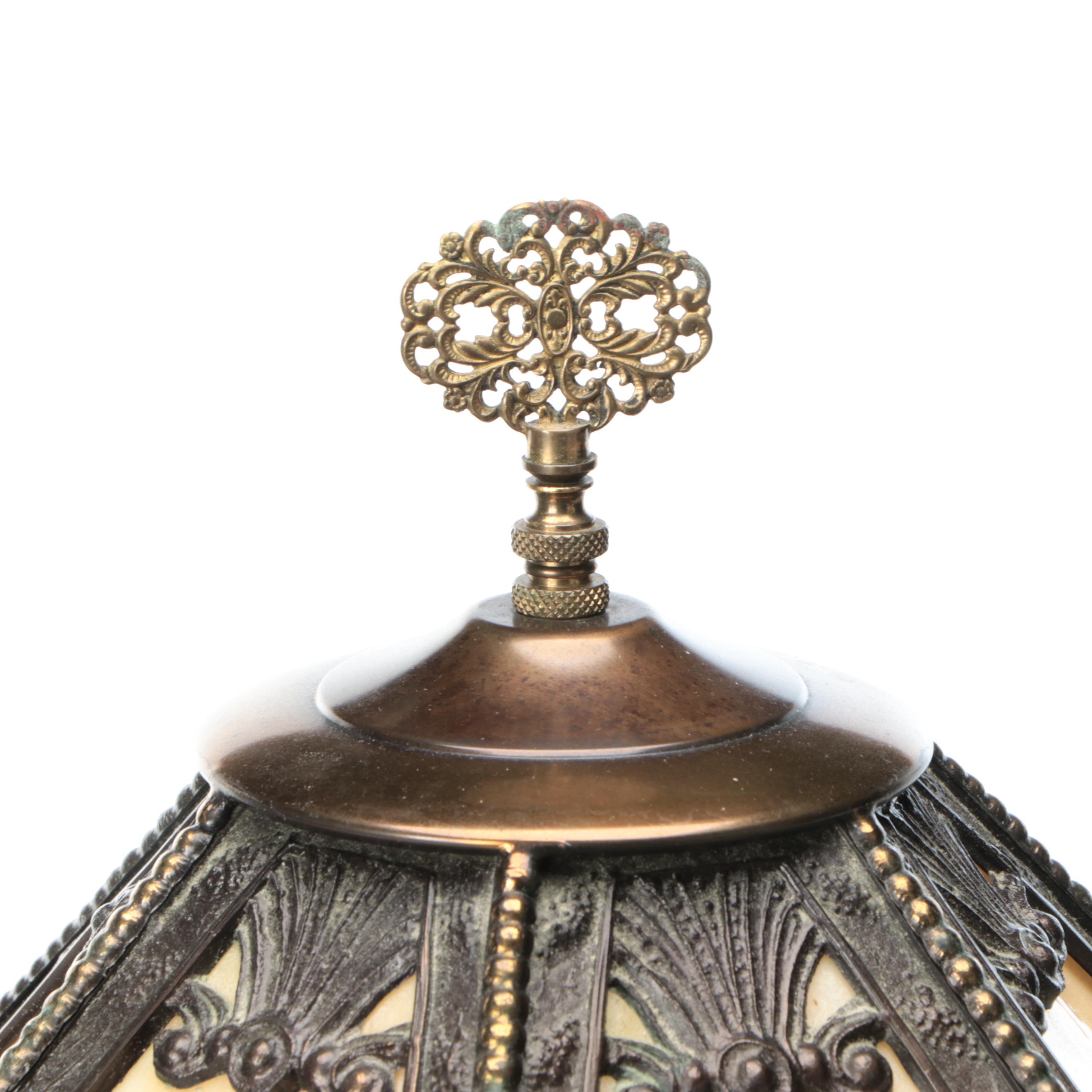 Art Nouveau Slag Glass Shade Bronze Finish Torch Table Lamp