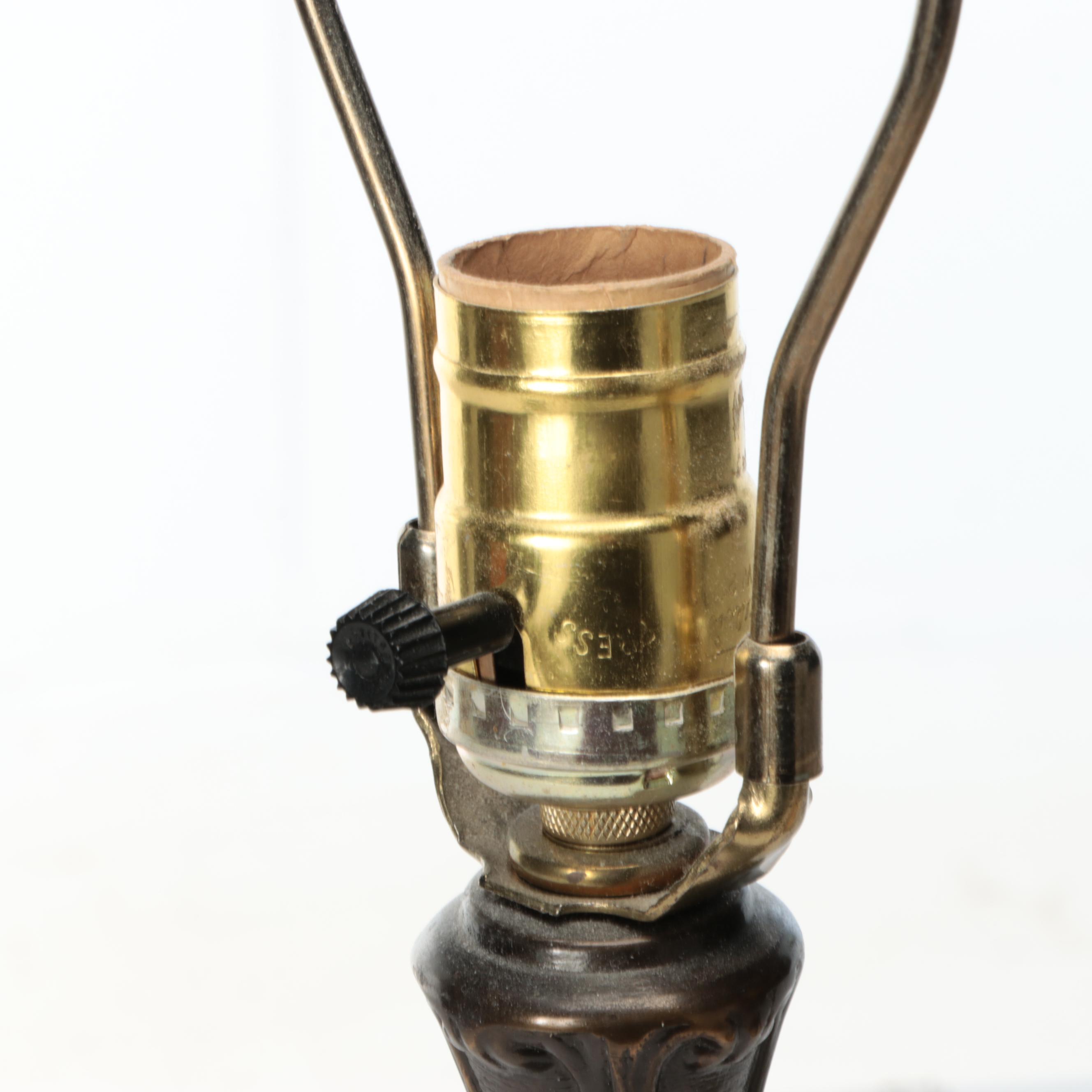 Art Nouveau Slag Glass Shade Bronze Finish Torch Table Lamp