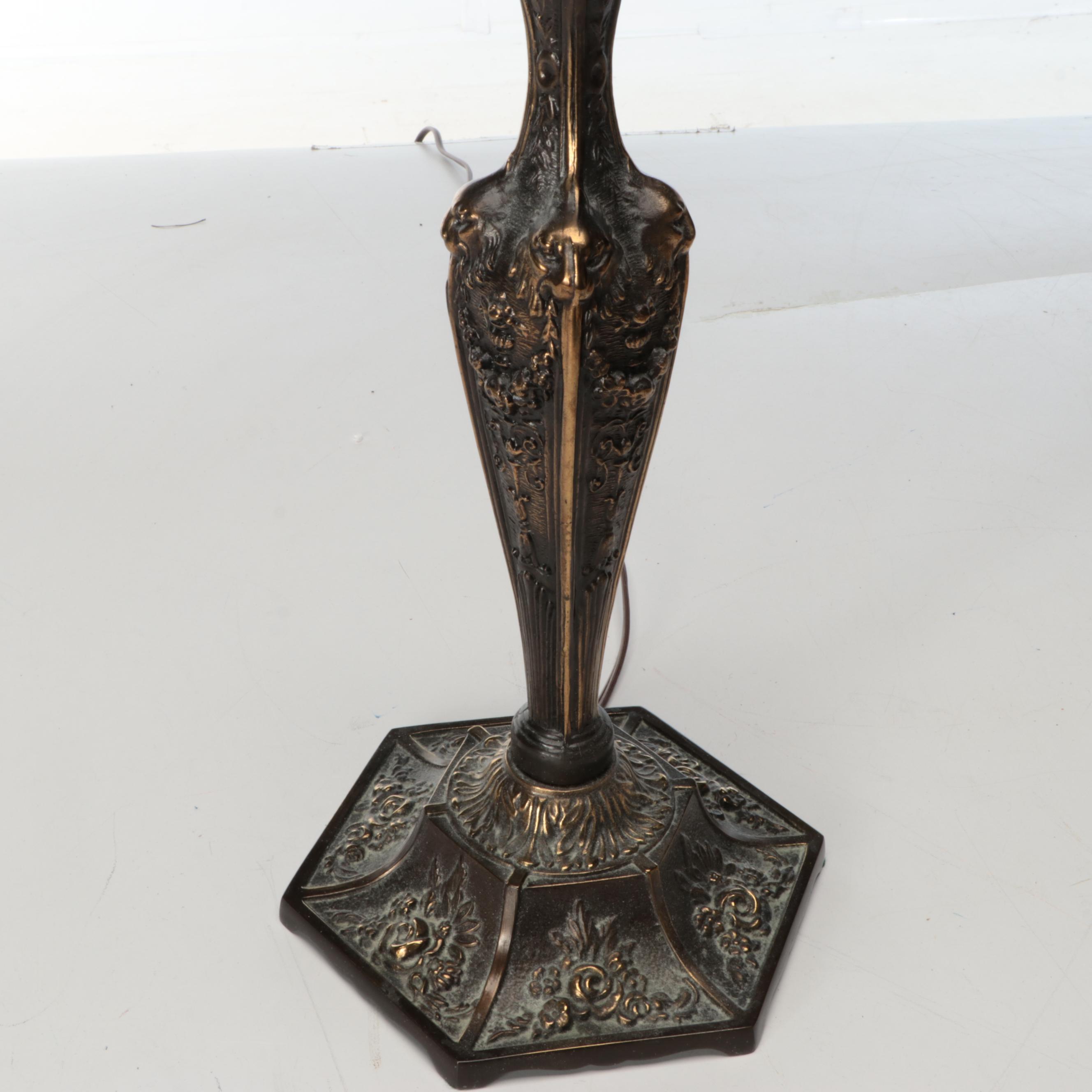 Art Nouveau Slag Glass Shade Bronze Finish Torch Table Lamp