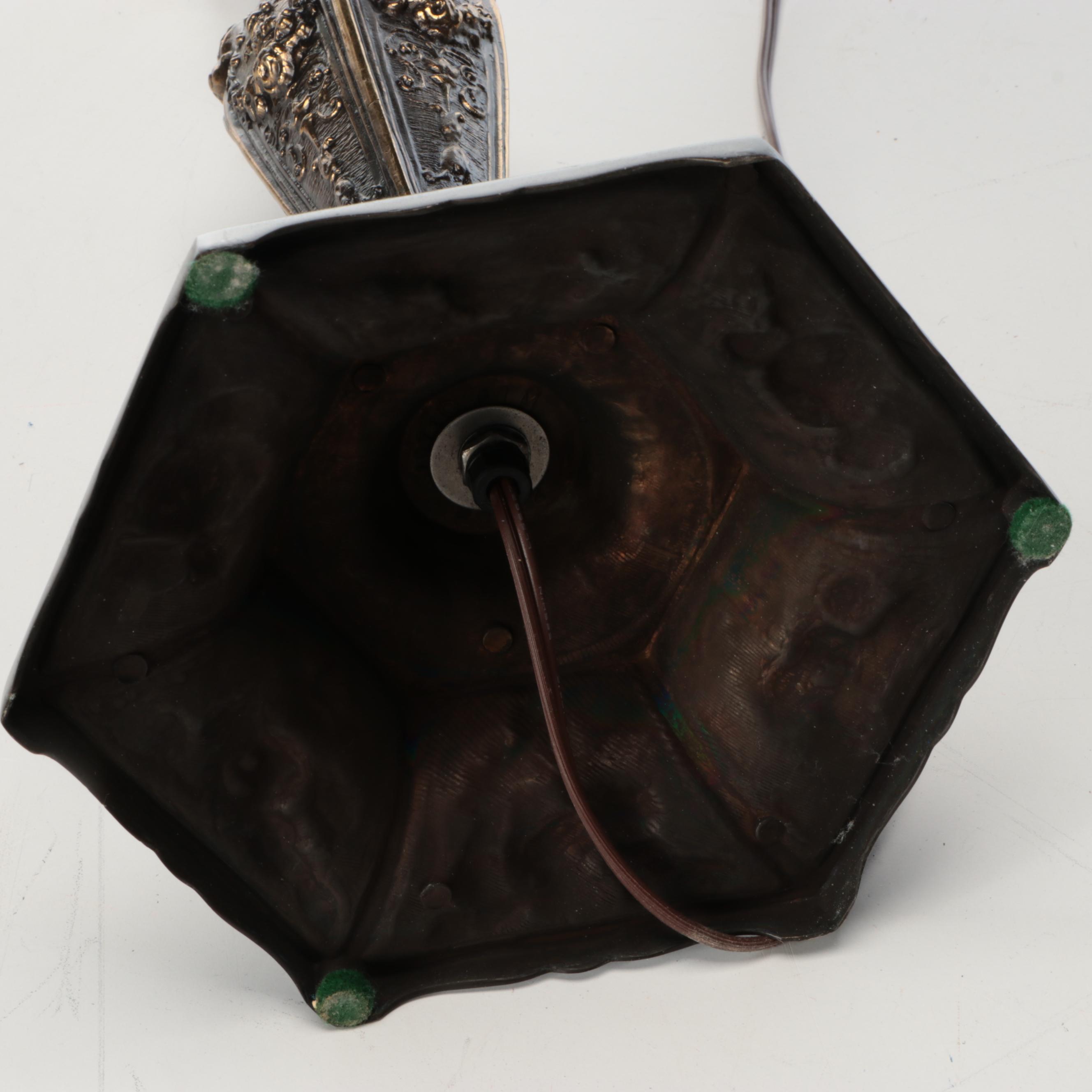 Art Nouveau Slag Glass Shade Bronze Finish Torch Table Lamp