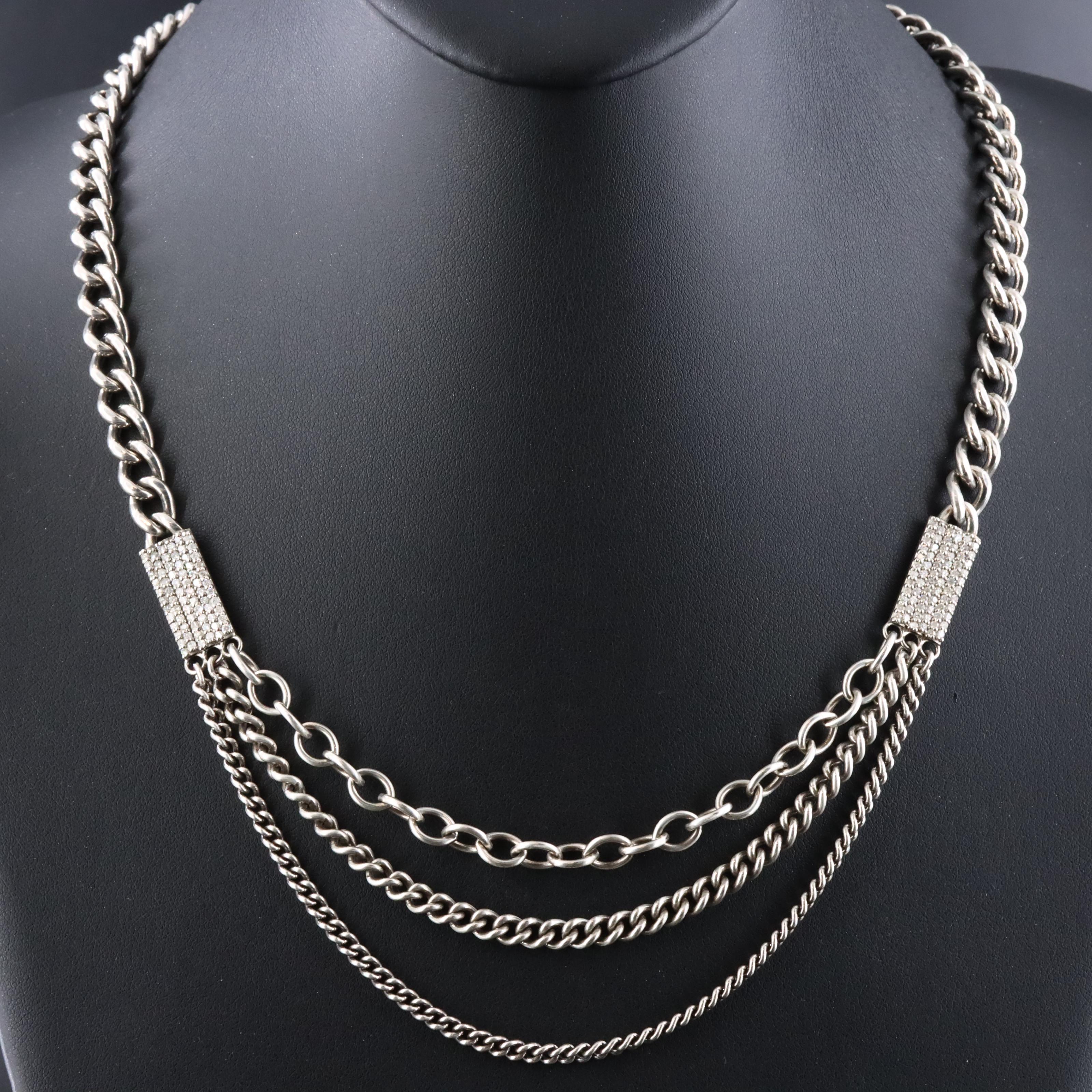Sheryl Lowe Sterling Pavé Diamond Curb and Cable Tiered Chain Necklace