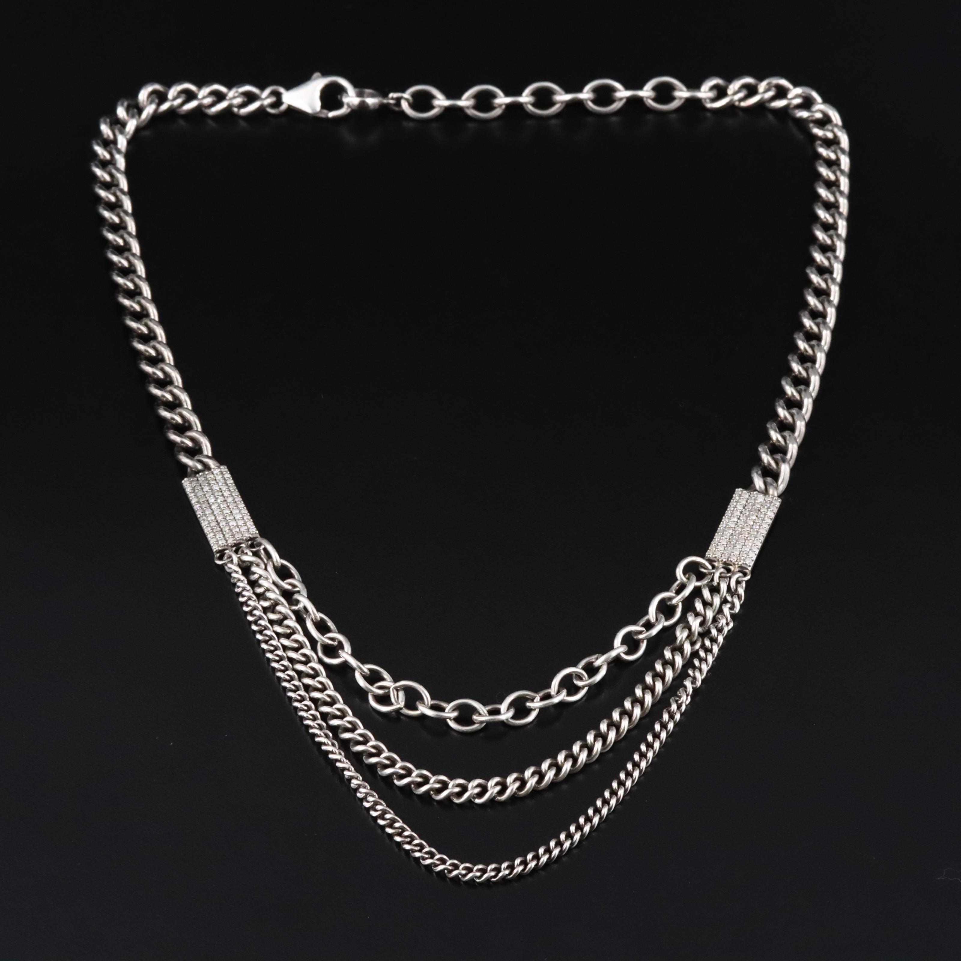 Sheryl Lowe Sterling Pavé Diamond Curb and Cable Tiered Chain Necklace