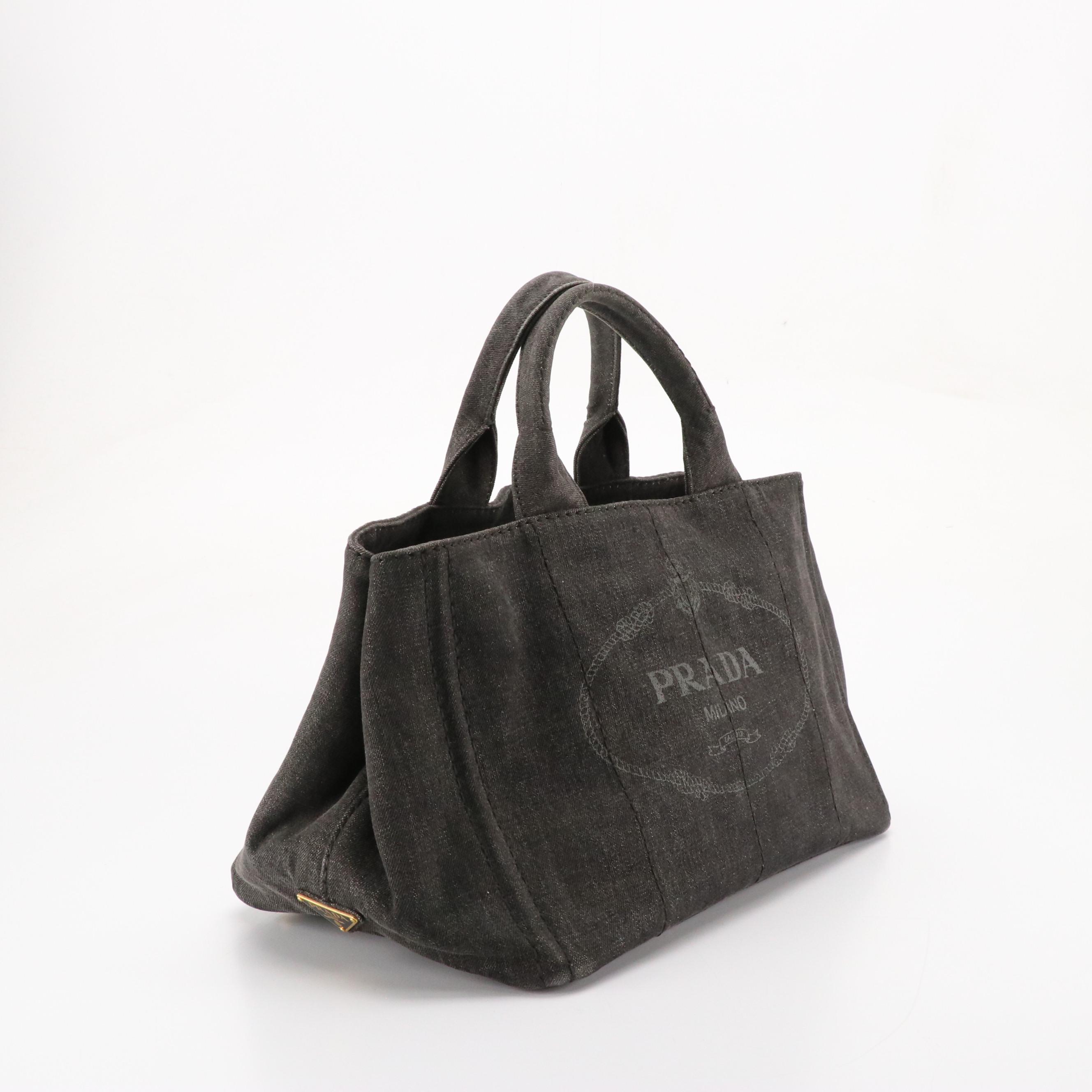 Prada Large Canapa Logo Tote in Black Cotton Denim