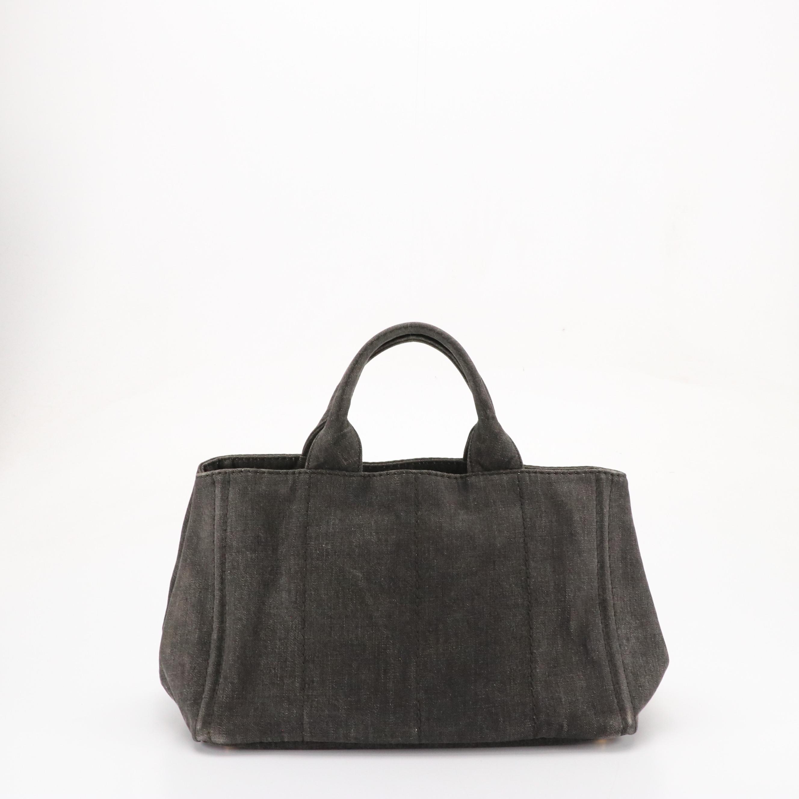 Prada Large Canapa Logo Tote in Black Cotton Denim