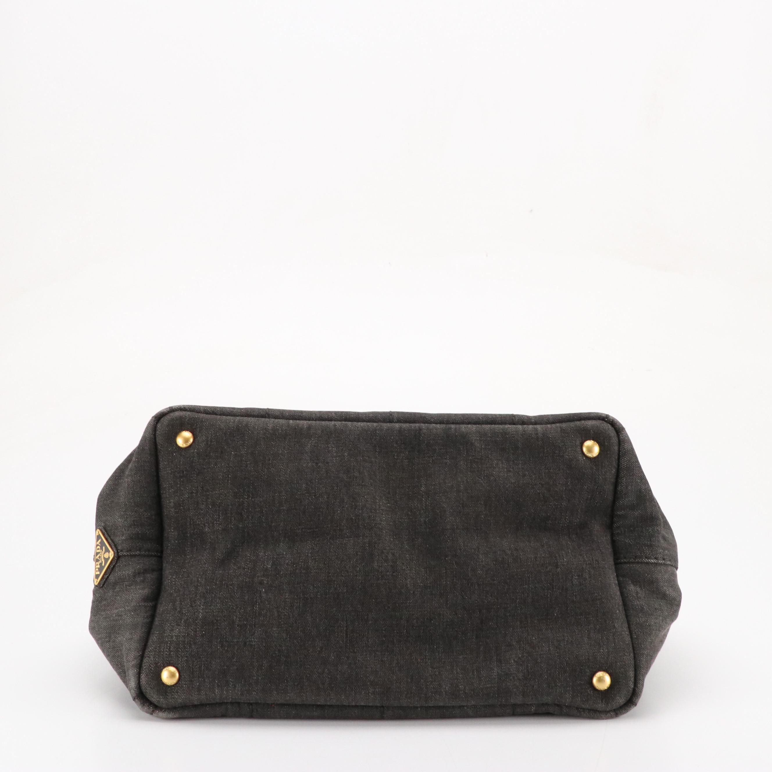 Prada Large Canapa Logo Tote in Black Cotton Denim