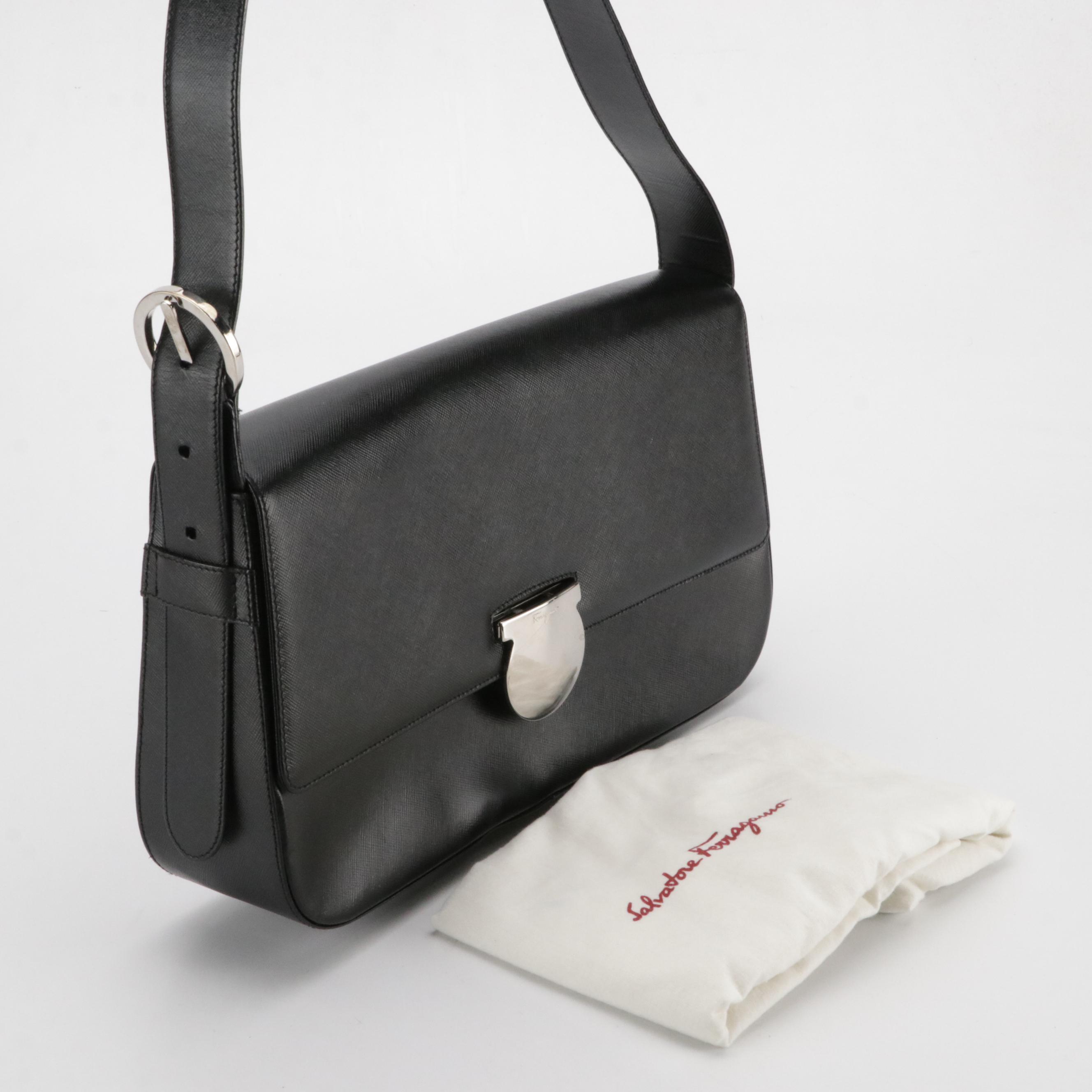Salvatore Ferragamo Flap Shoulder Bag in Black Saffiano Leather
