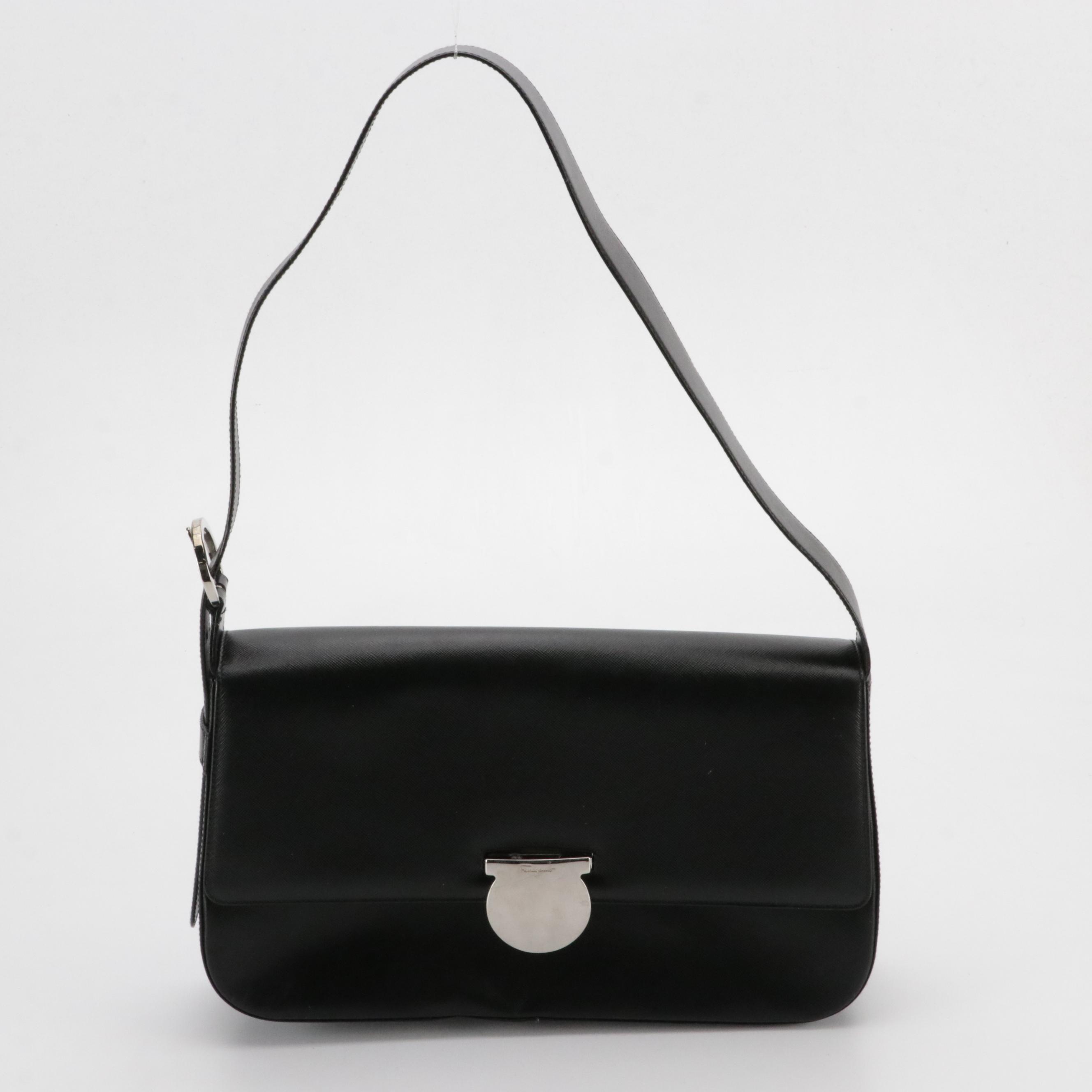 Salvatore Ferragamo Flap Shoulder Bag in Black Saffiano Leather