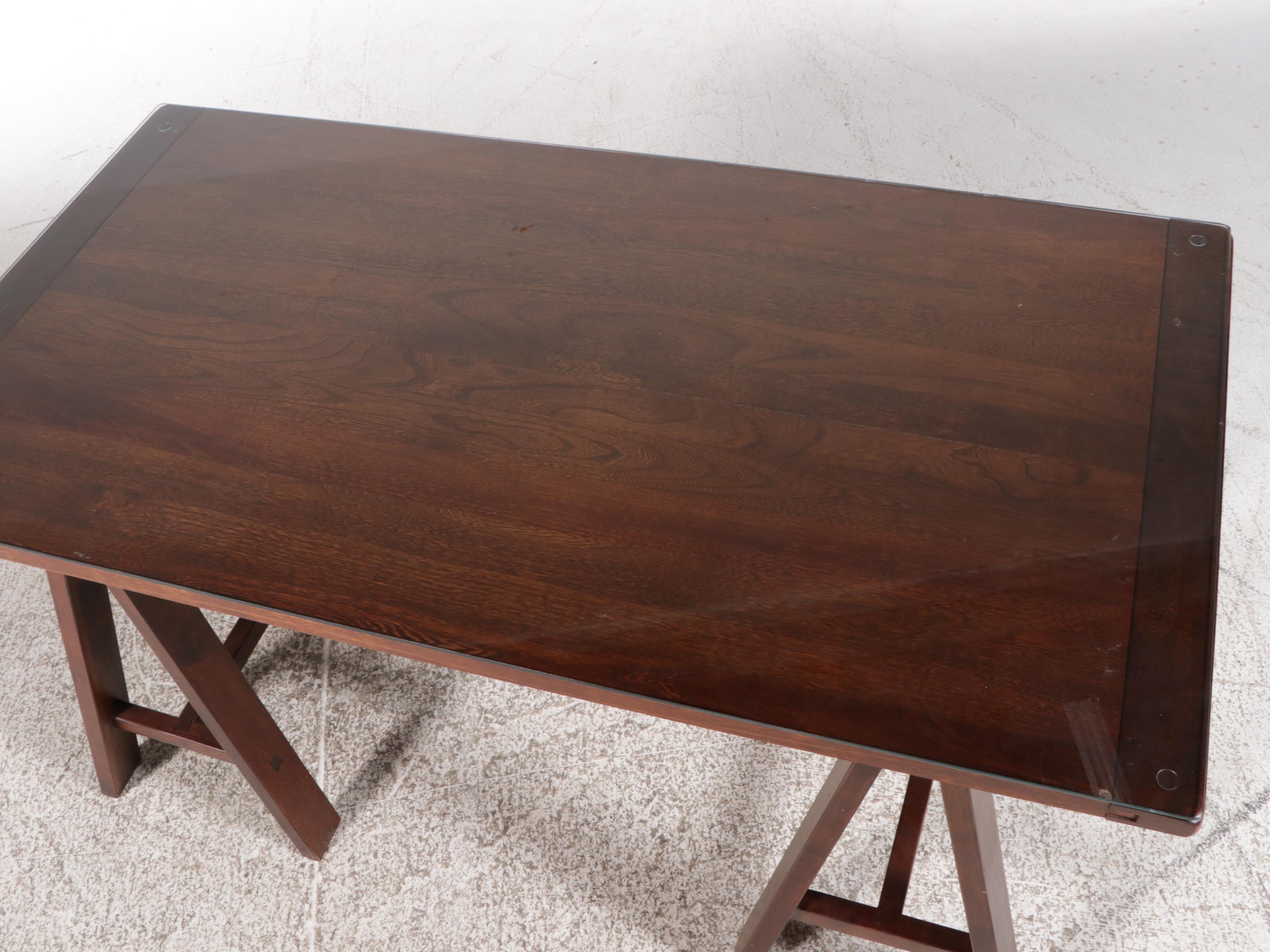 Contemporary Sawhorse Desk with Glass Top and Oak Desk Chair