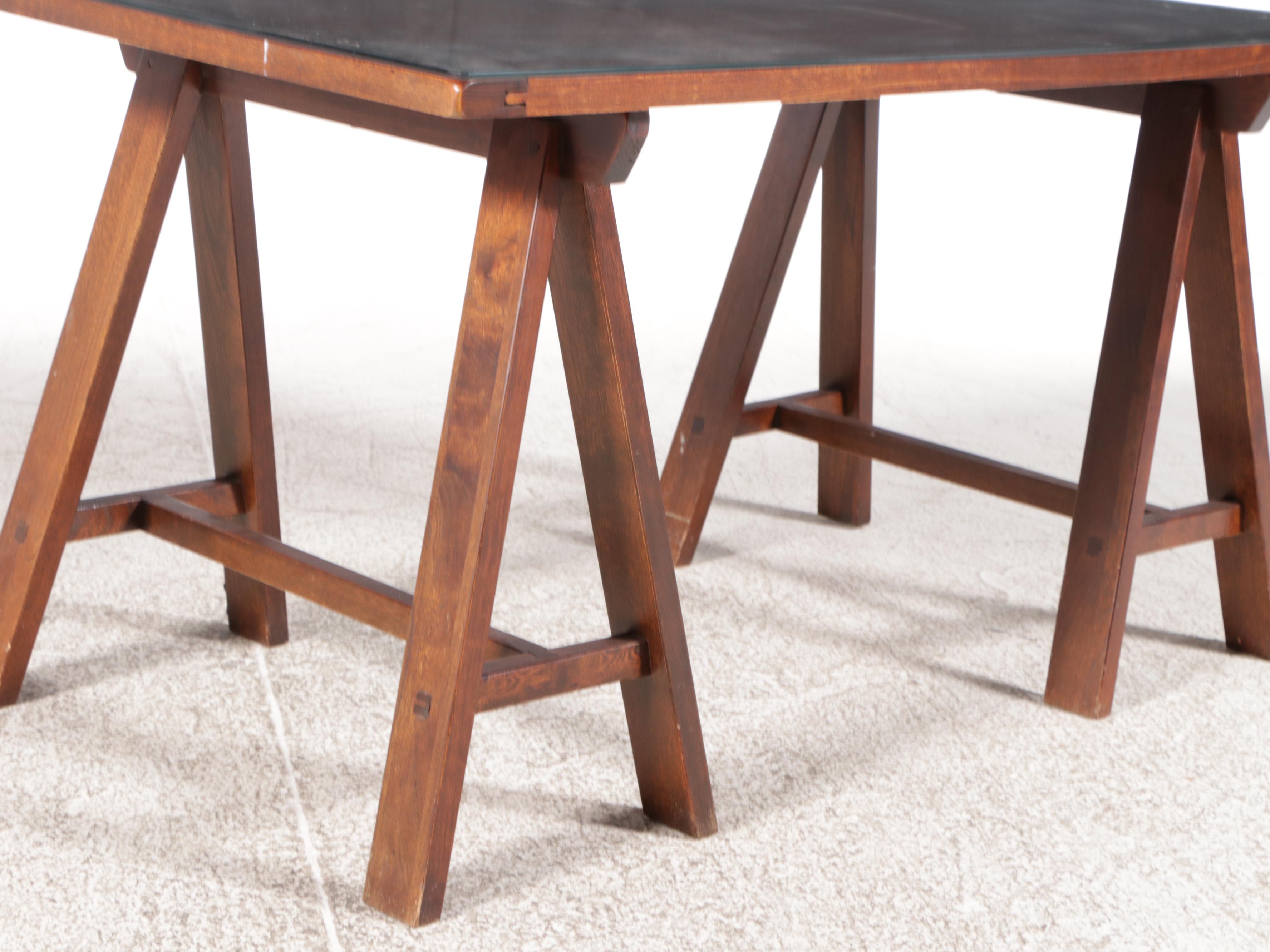 Contemporary Sawhorse Desk with Glass Top and Oak Desk Chair