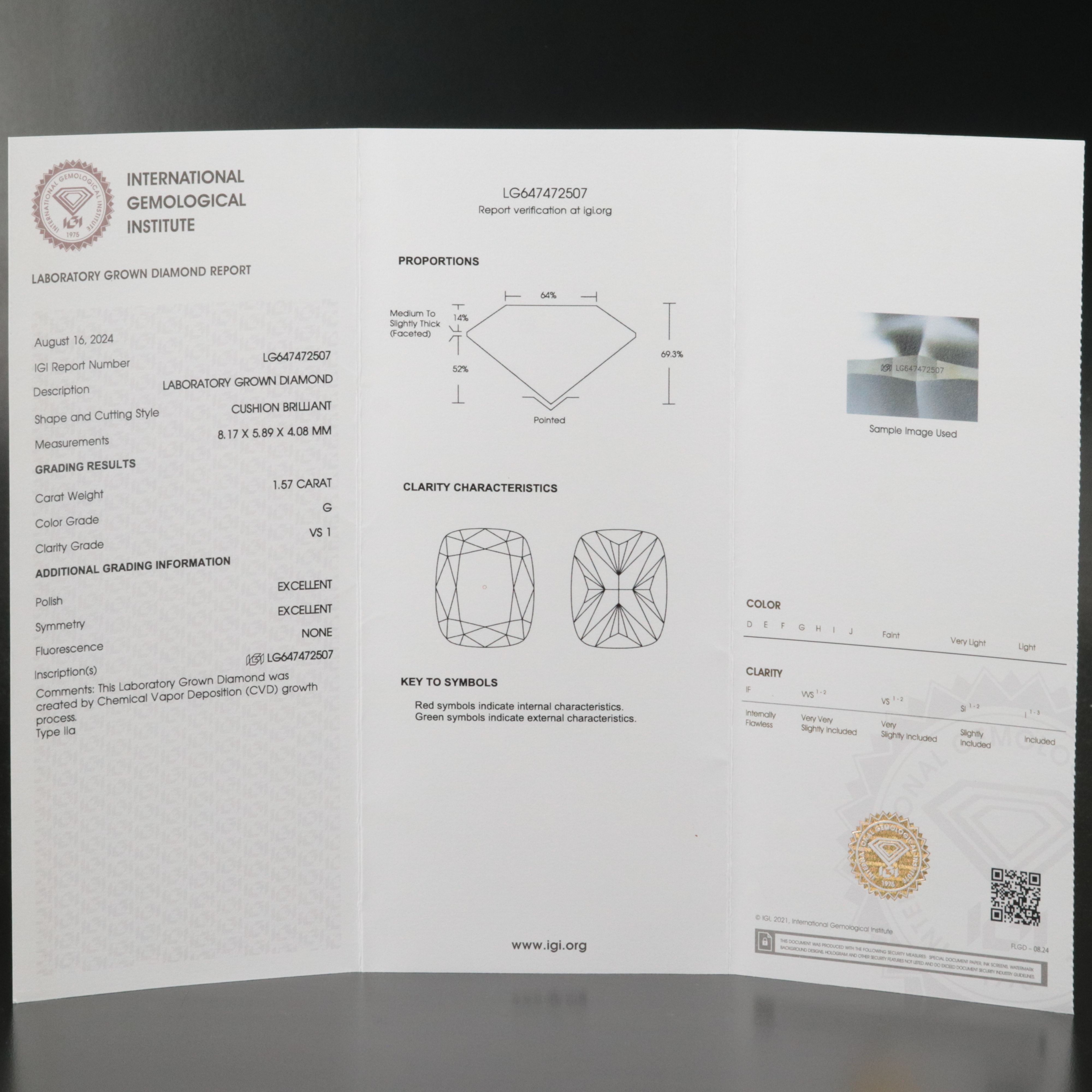 Loose 1.57 CT Lab Grown Diamond with IGI Report
