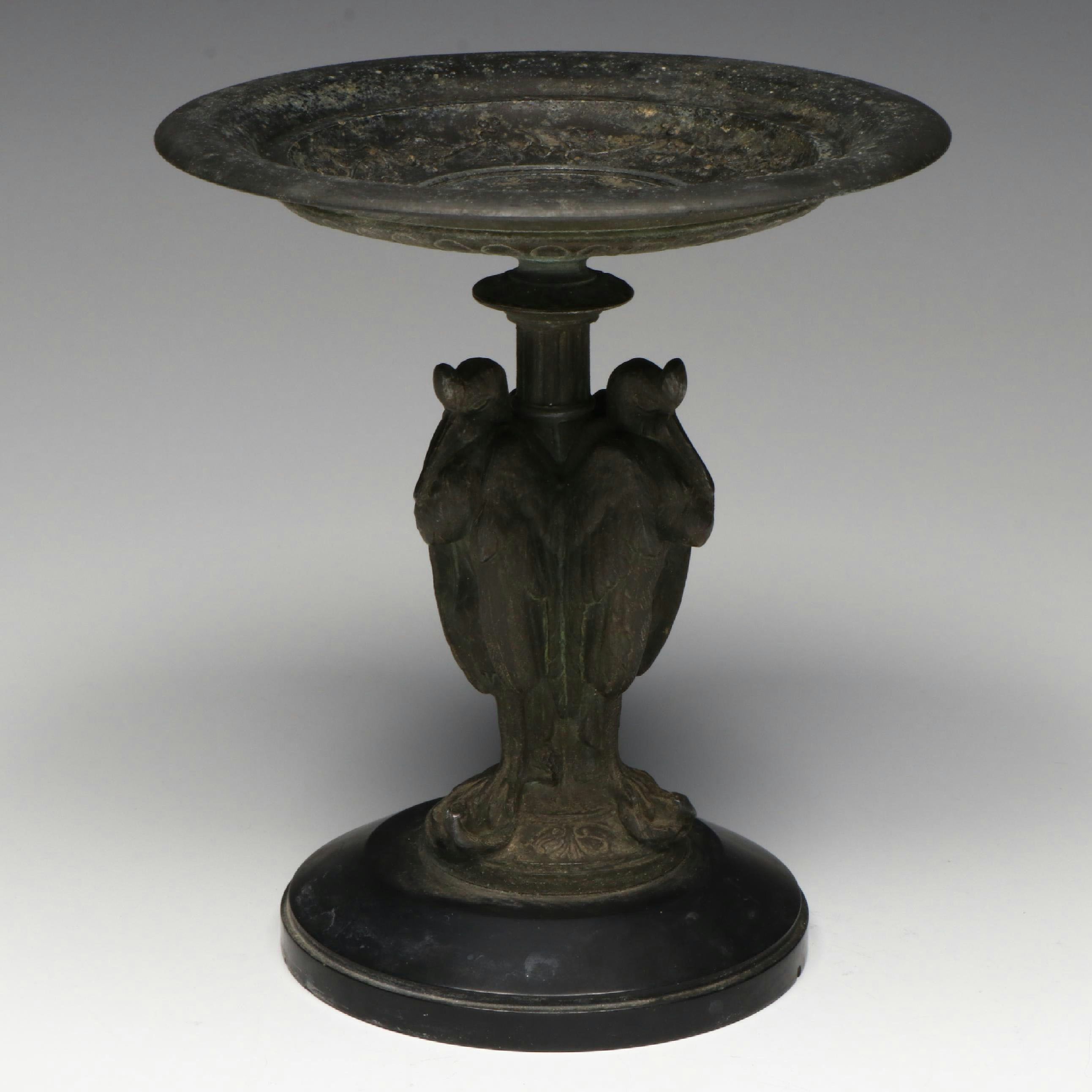 Neoclassical Style Metal Tazza with Stork Column on Resin Base