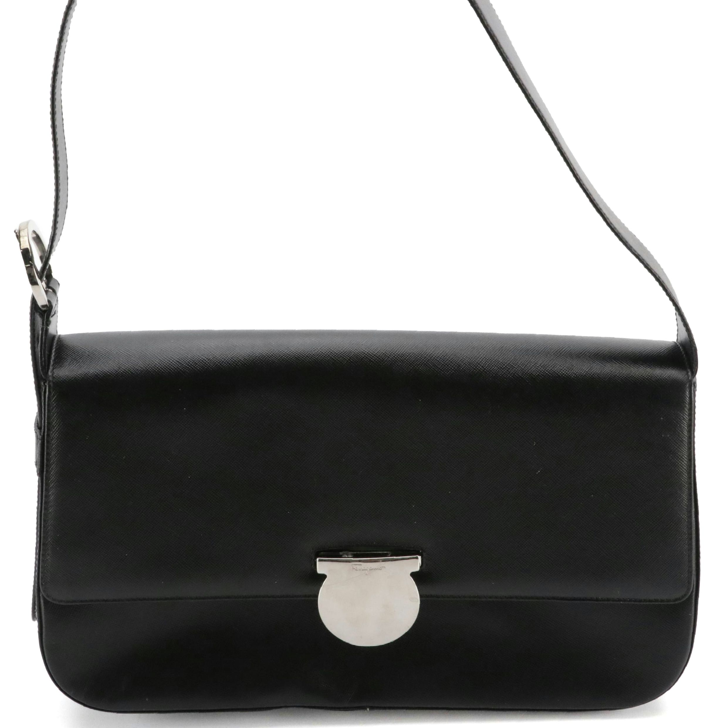 Salvatore Ferragamo Flap Shoulder Bag in Black Saffiano Leather