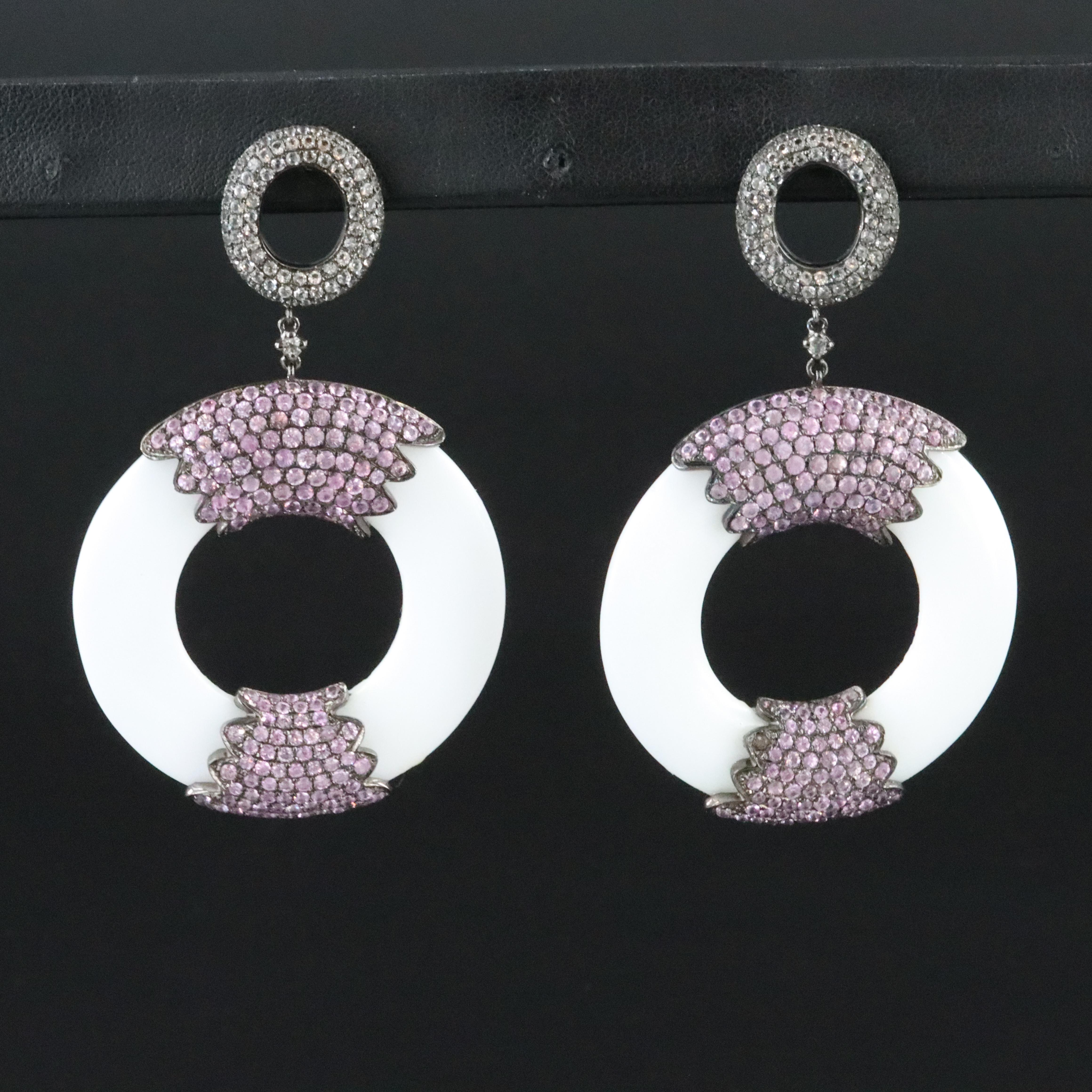 Carlo Viani Sterling Ceramic, Pink and White Sapphire Hololith Earrings