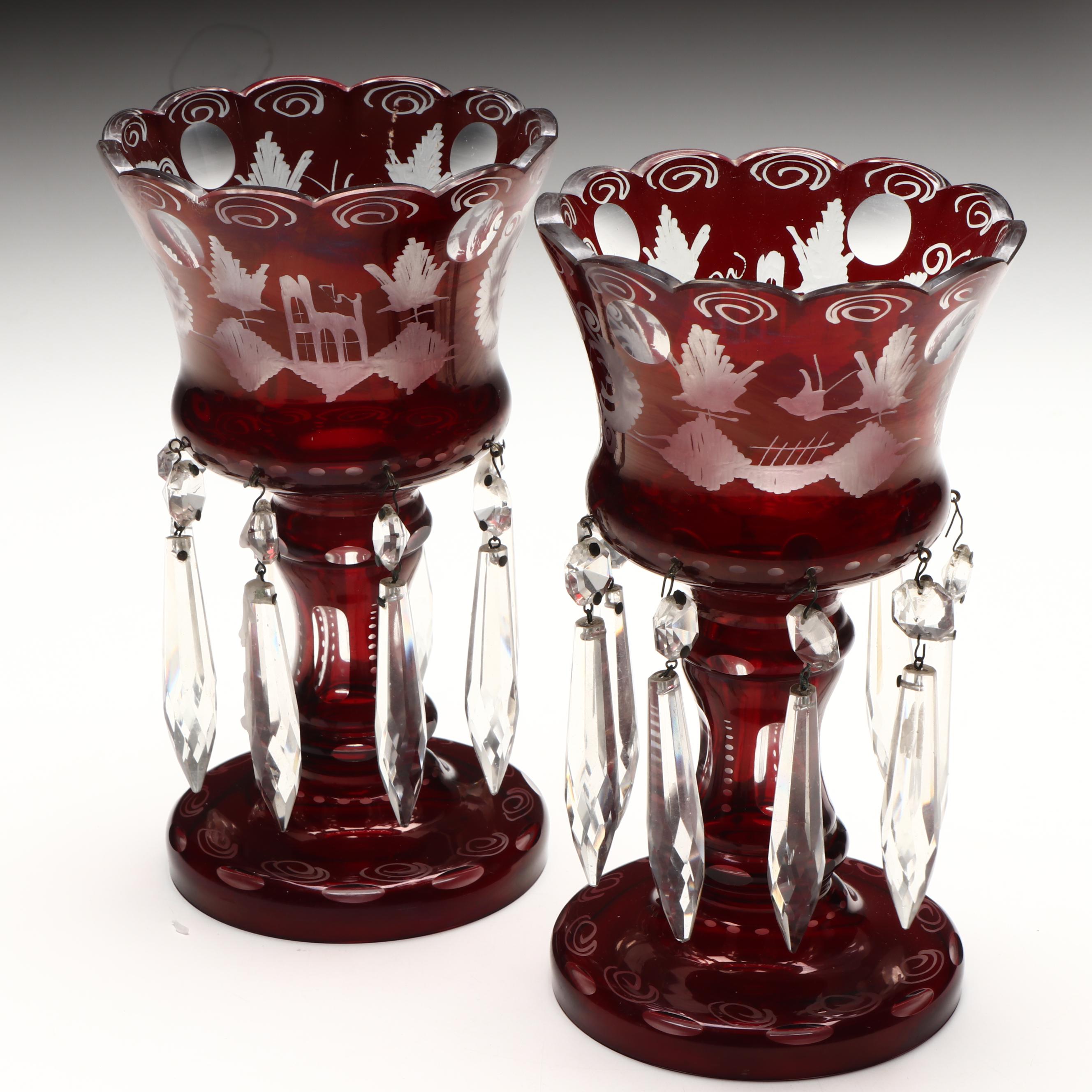 Bohemian Ruby Red to Clear Etched Glass Mantel Lusters with Prisms
