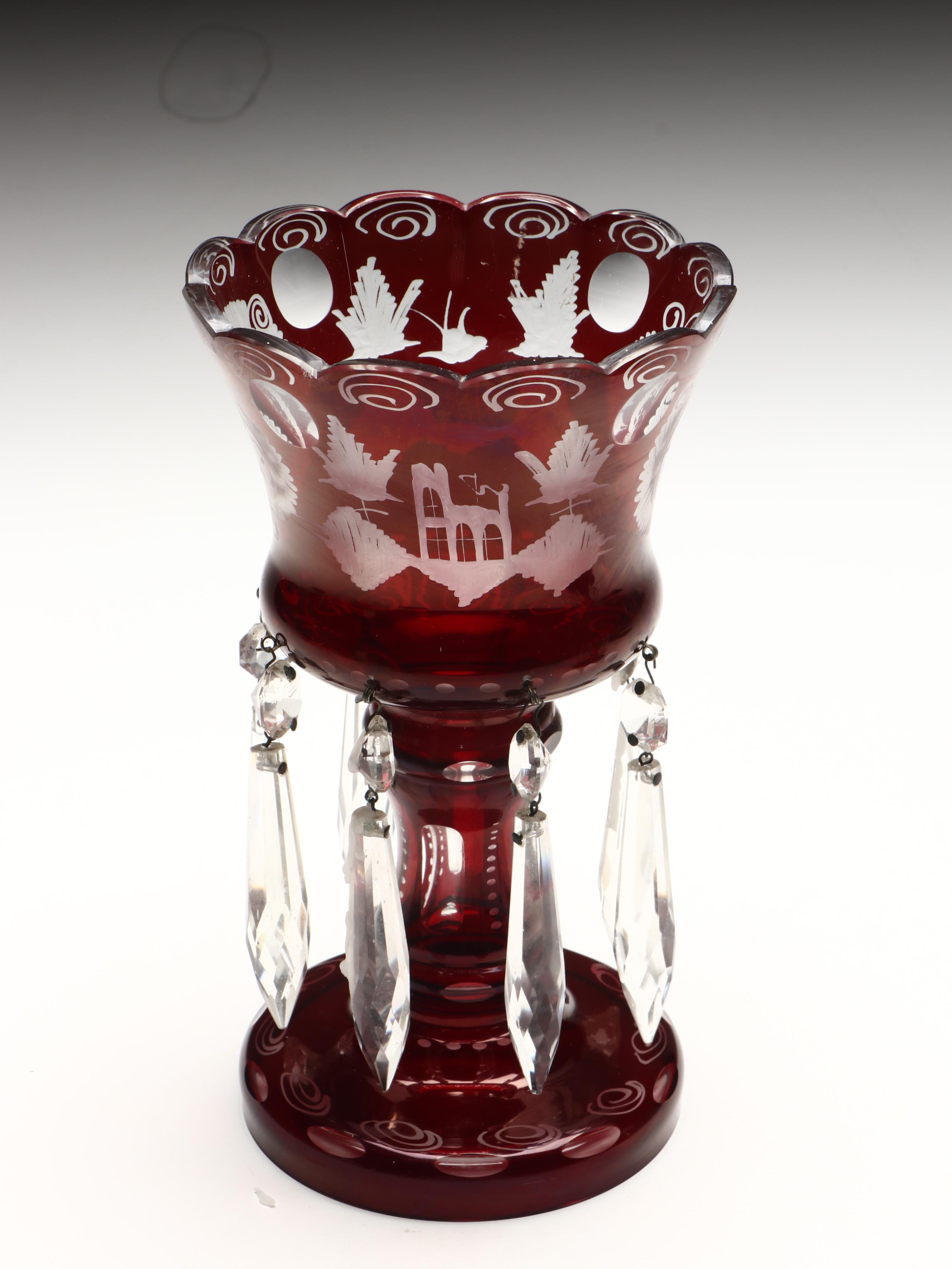 Bohemian Ruby Red to Clear Etched Glass Mantel Lusters with Prisms