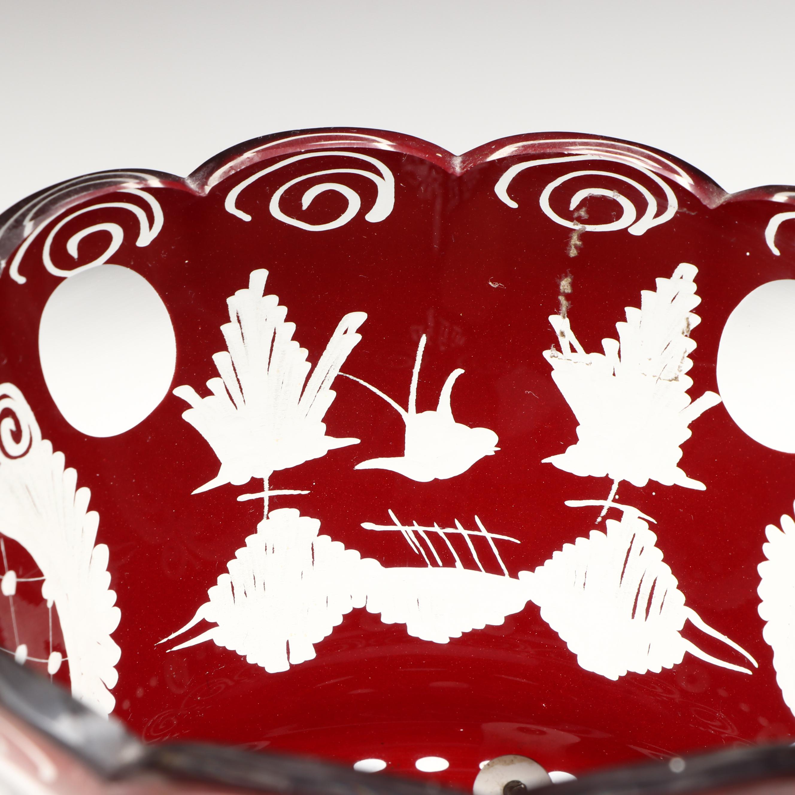 Bohemian Ruby Red to Clear Etched Glass Mantel Lusters with Prisms