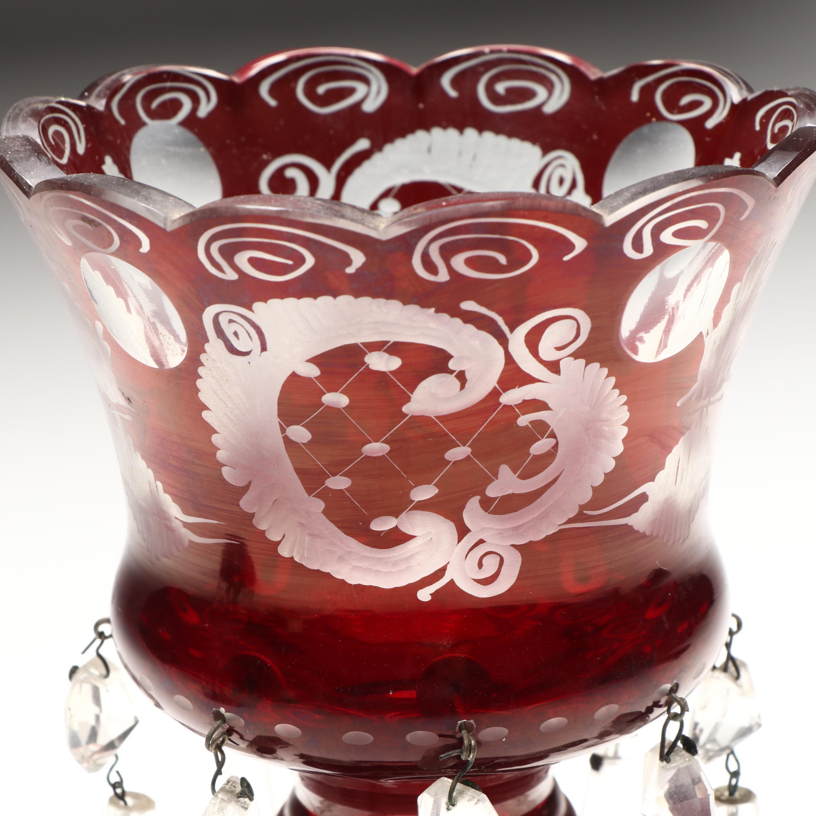 Bohemian Ruby Red to Clear Etched Glass Mantel Lusters with Prisms