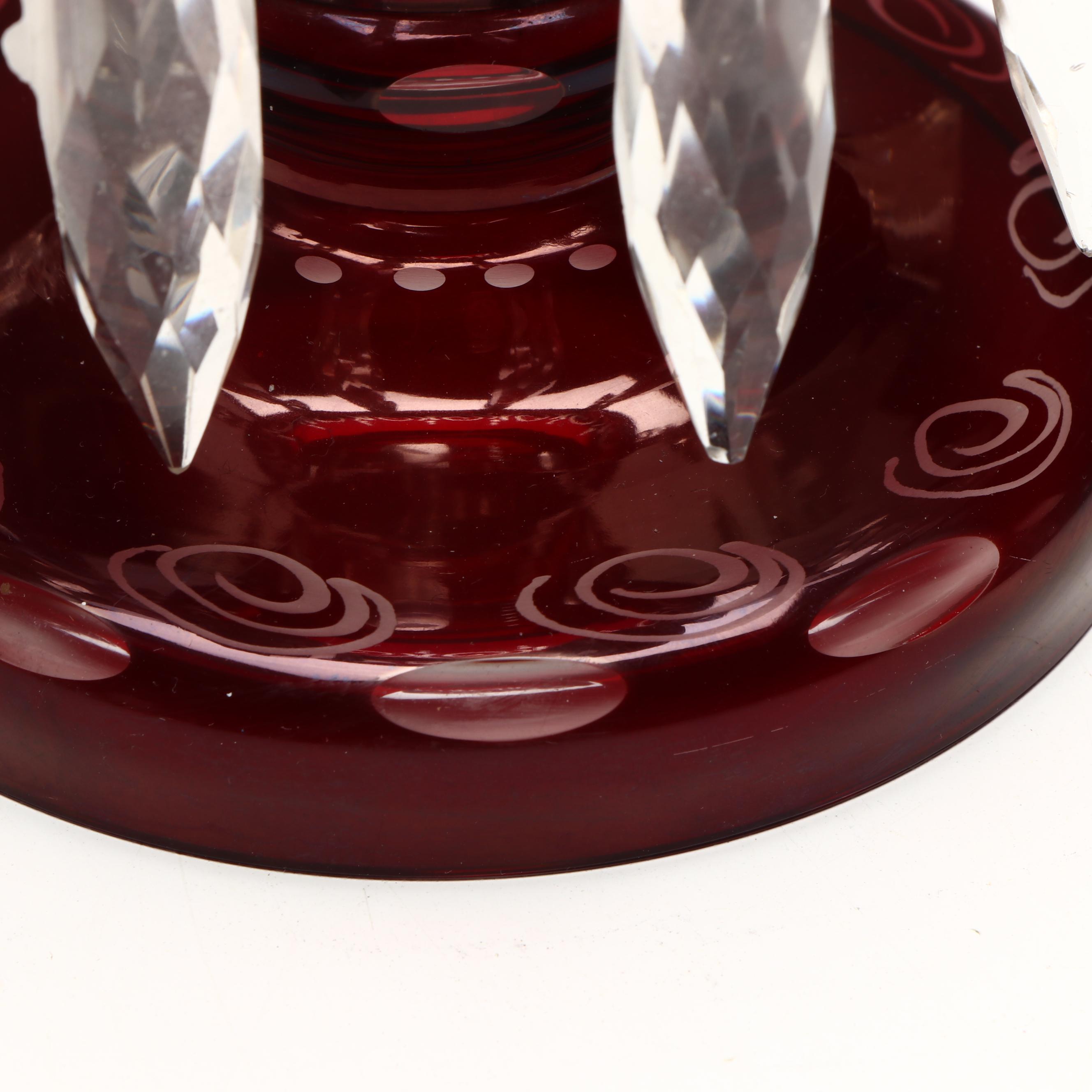 Bohemian Ruby Red to Clear Etched Glass Mantel Lusters with Prisms