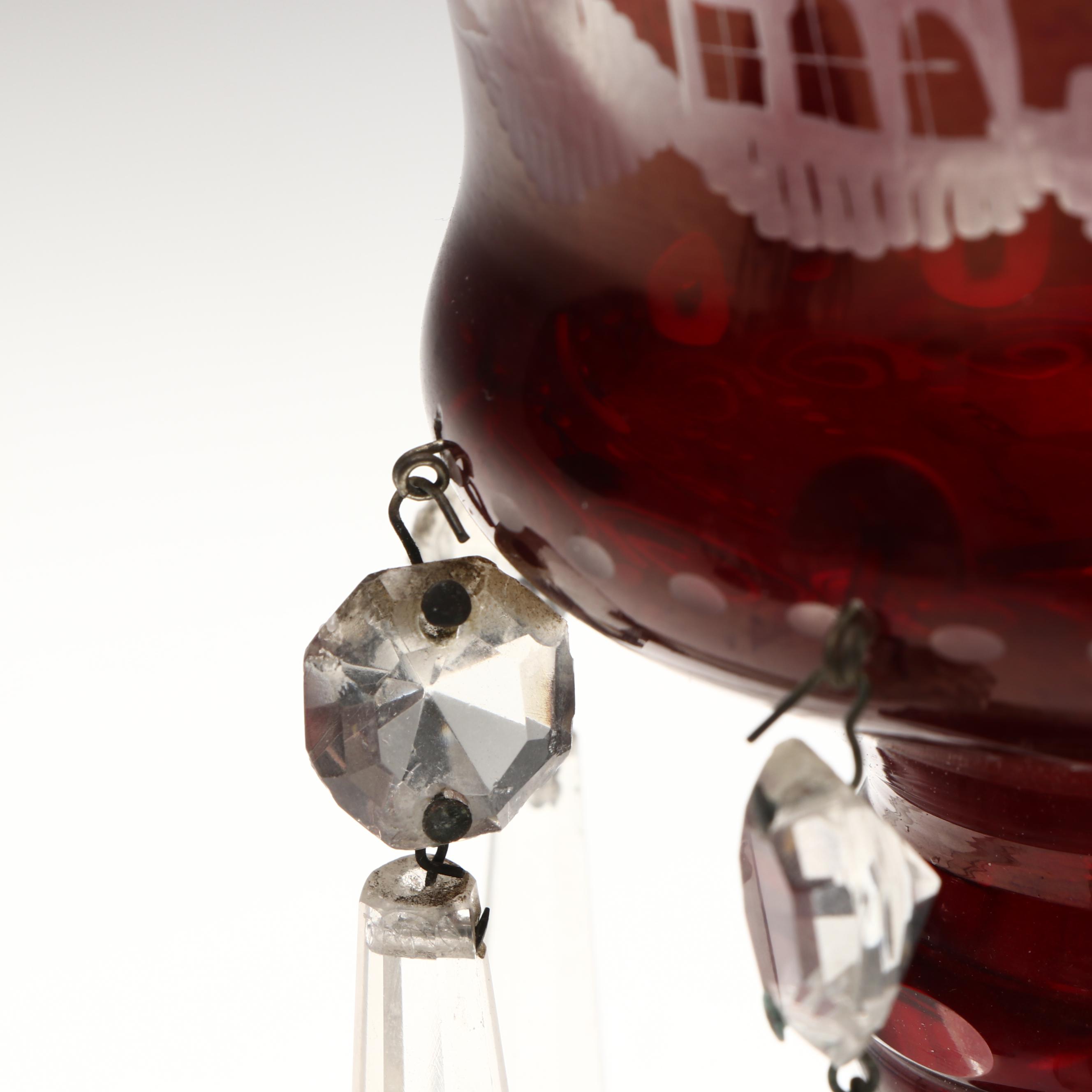 Bohemian Ruby Red to Clear Etched Glass Mantel Lusters with Prisms