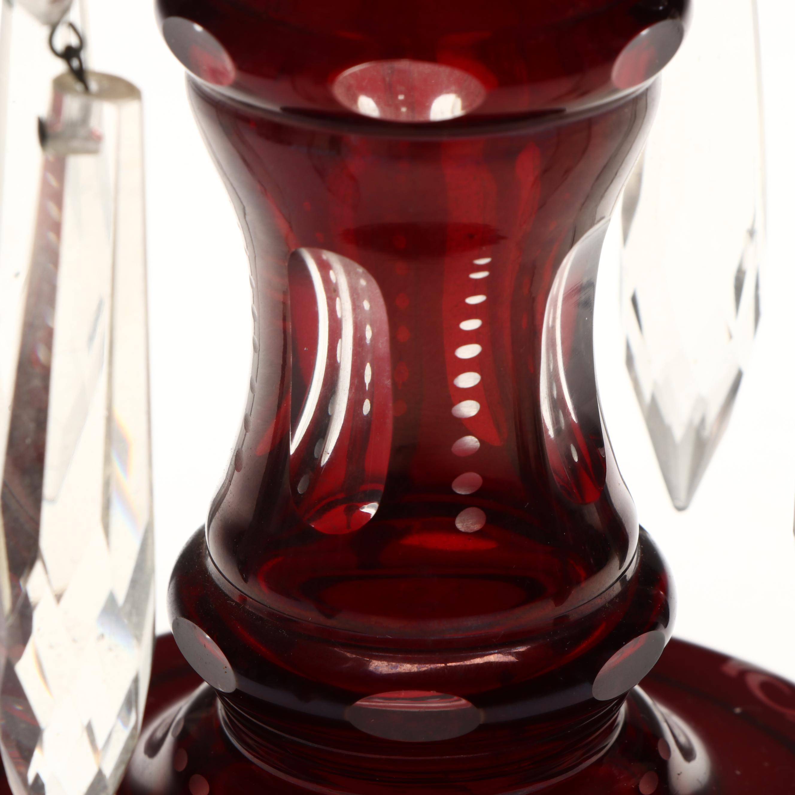 Bohemian Ruby Red to Clear Etched Glass Mantel Lusters with Prisms
