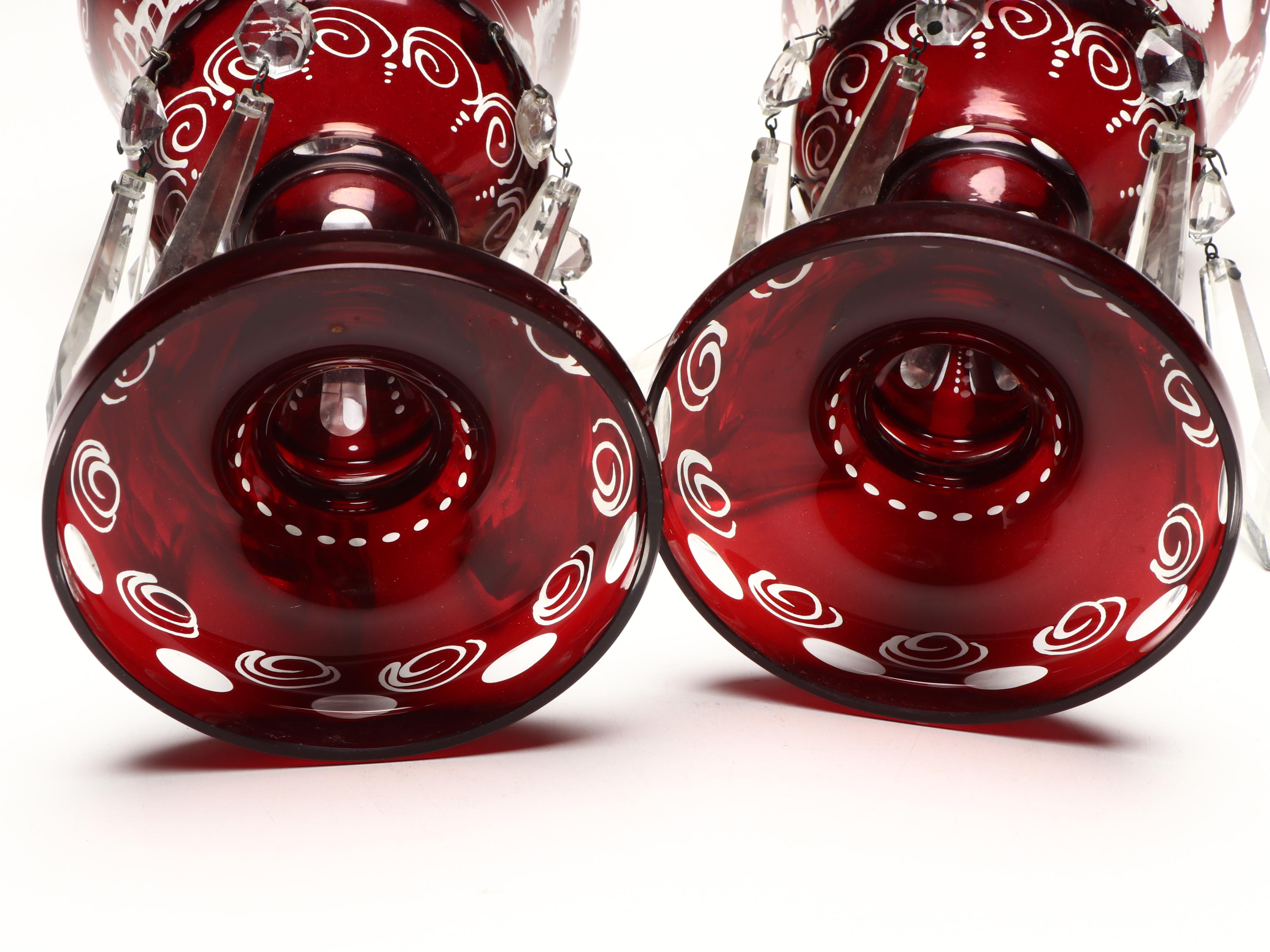 Bohemian Ruby Red to Clear Etched Glass Mantel Lusters with Prisms