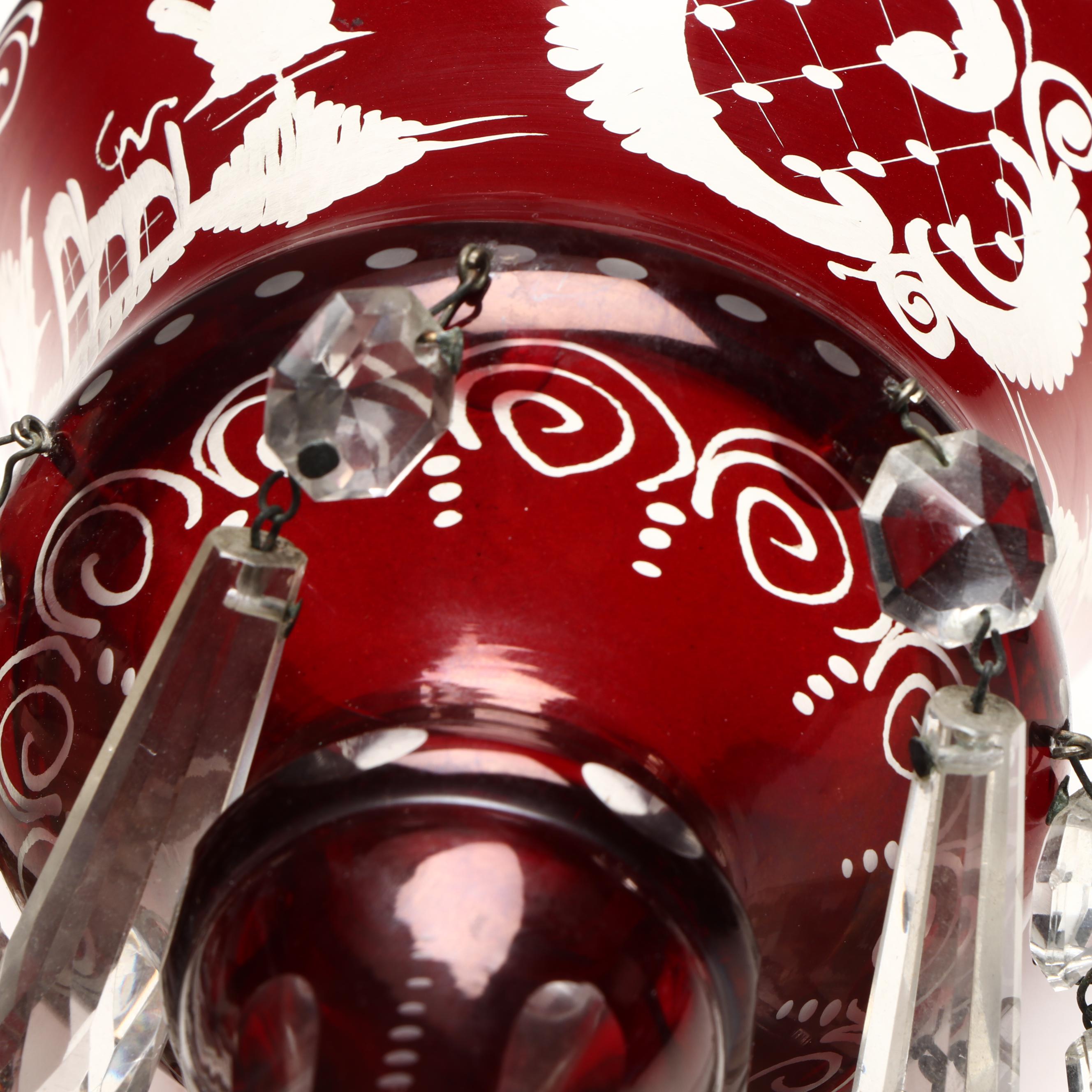 Bohemian Ruby Red to Clear Etched Glass Mantel Lusters with Prisms