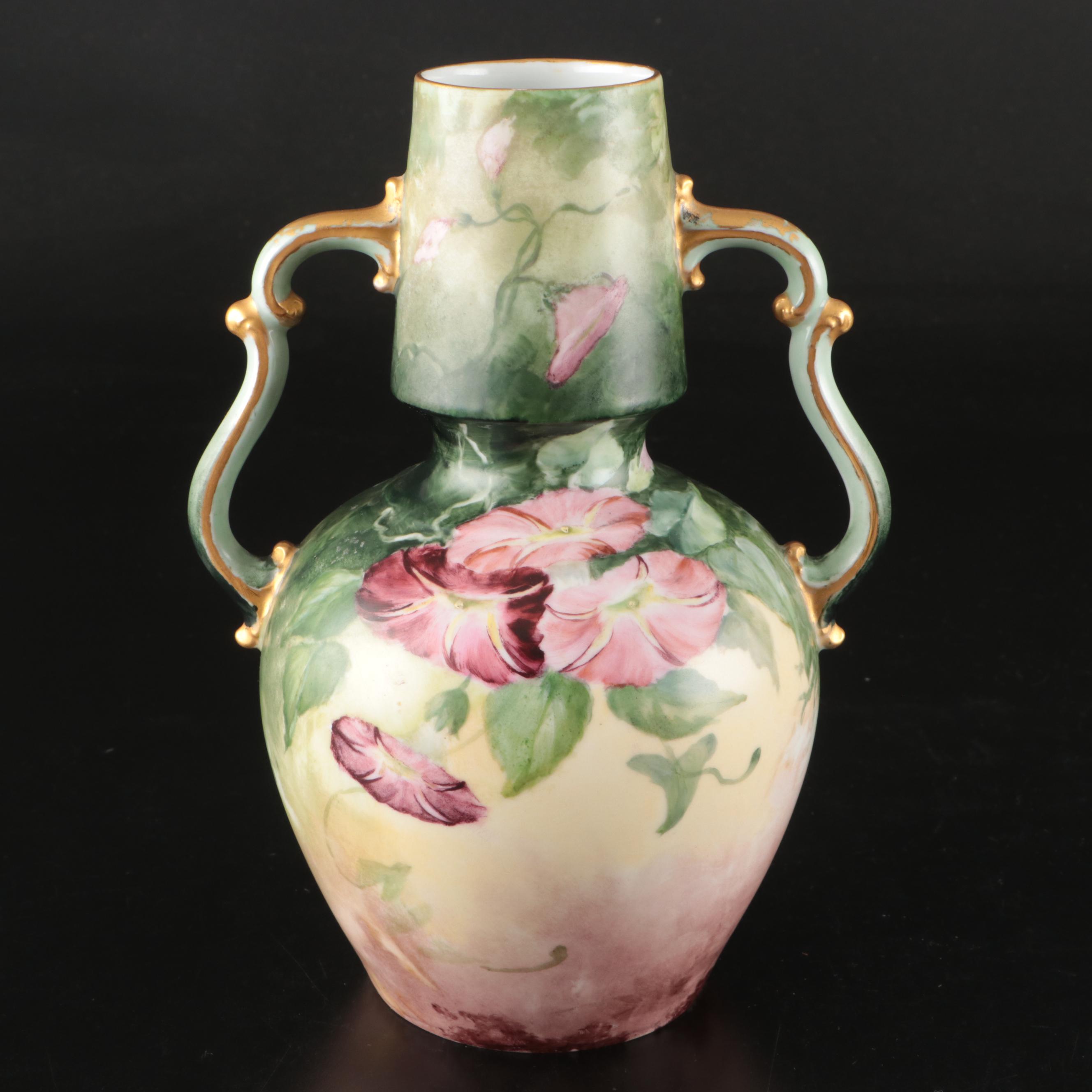 Hermann Ohme Porcelain Gilt and Hand-Painted Morning Glories Vase