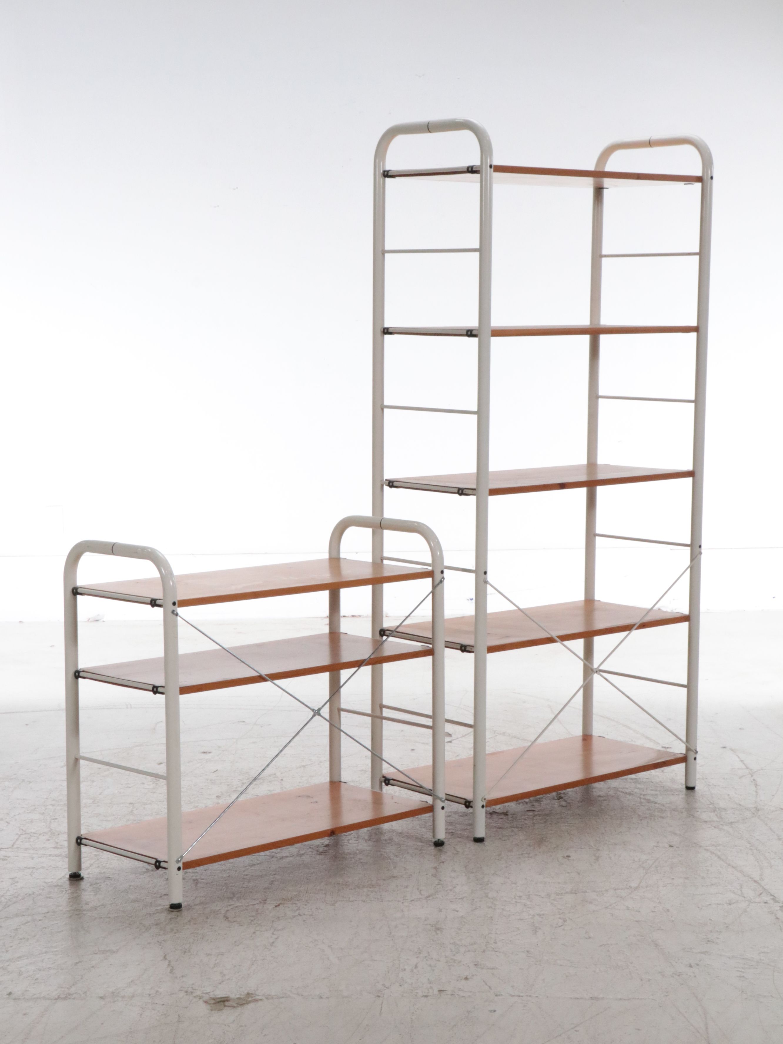 Two Contemporary Industrial Style Wood and Tubular Metal Bookcases