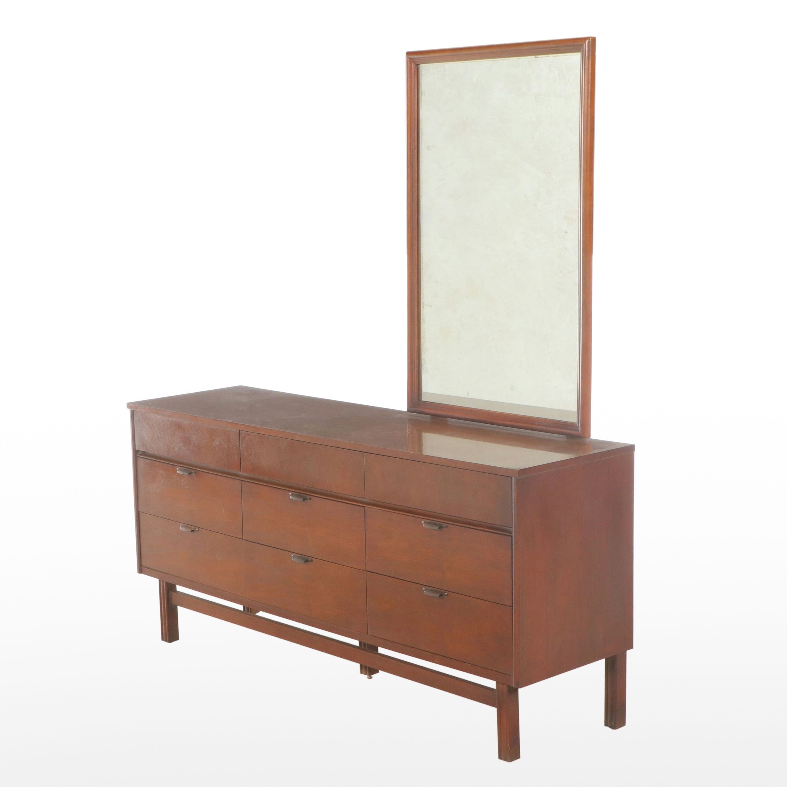 Bassett Furniture Mid Century Modern Walnut Dresser with Mirror, Mid-20th C.