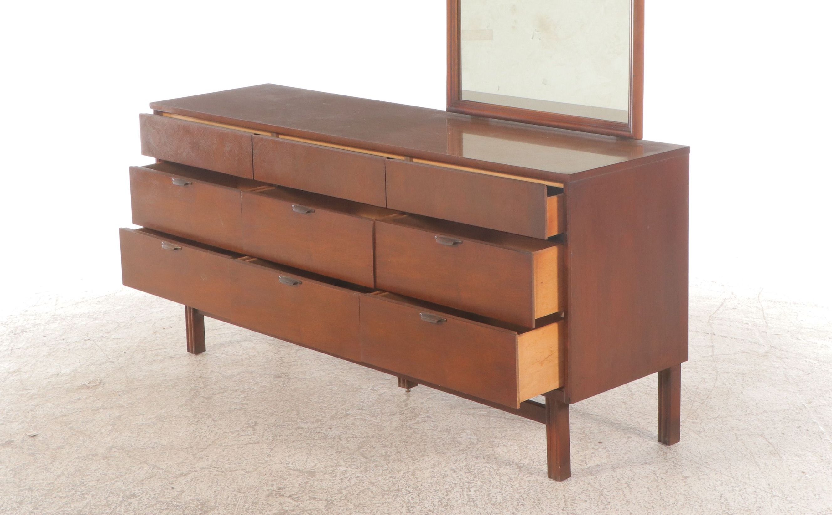 Bassett Furniture Mid Century Modern Walnut Dresser with Mirror, Mid-20th C.