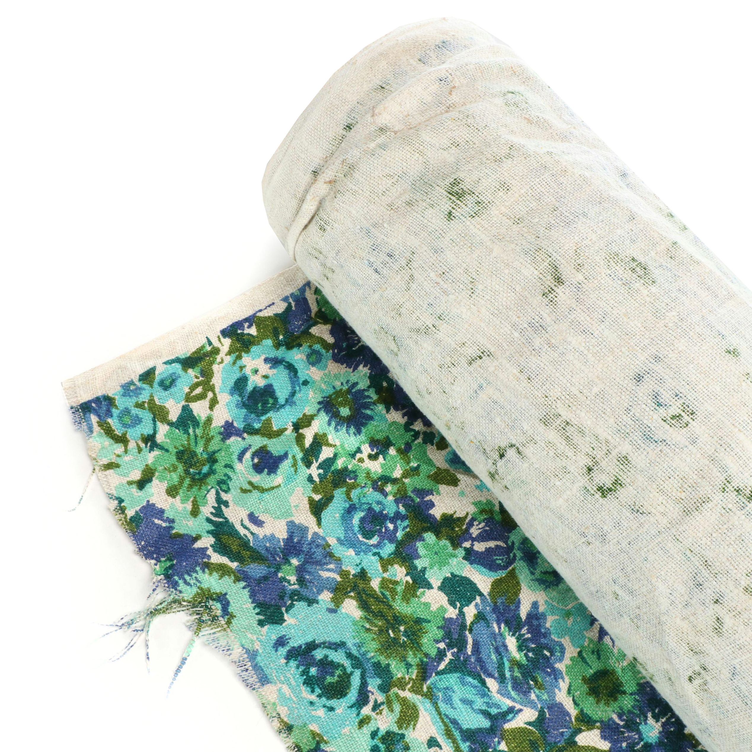 Mid Century Modern Style Floral Blue and Green Woven Linen Fabric Roll
