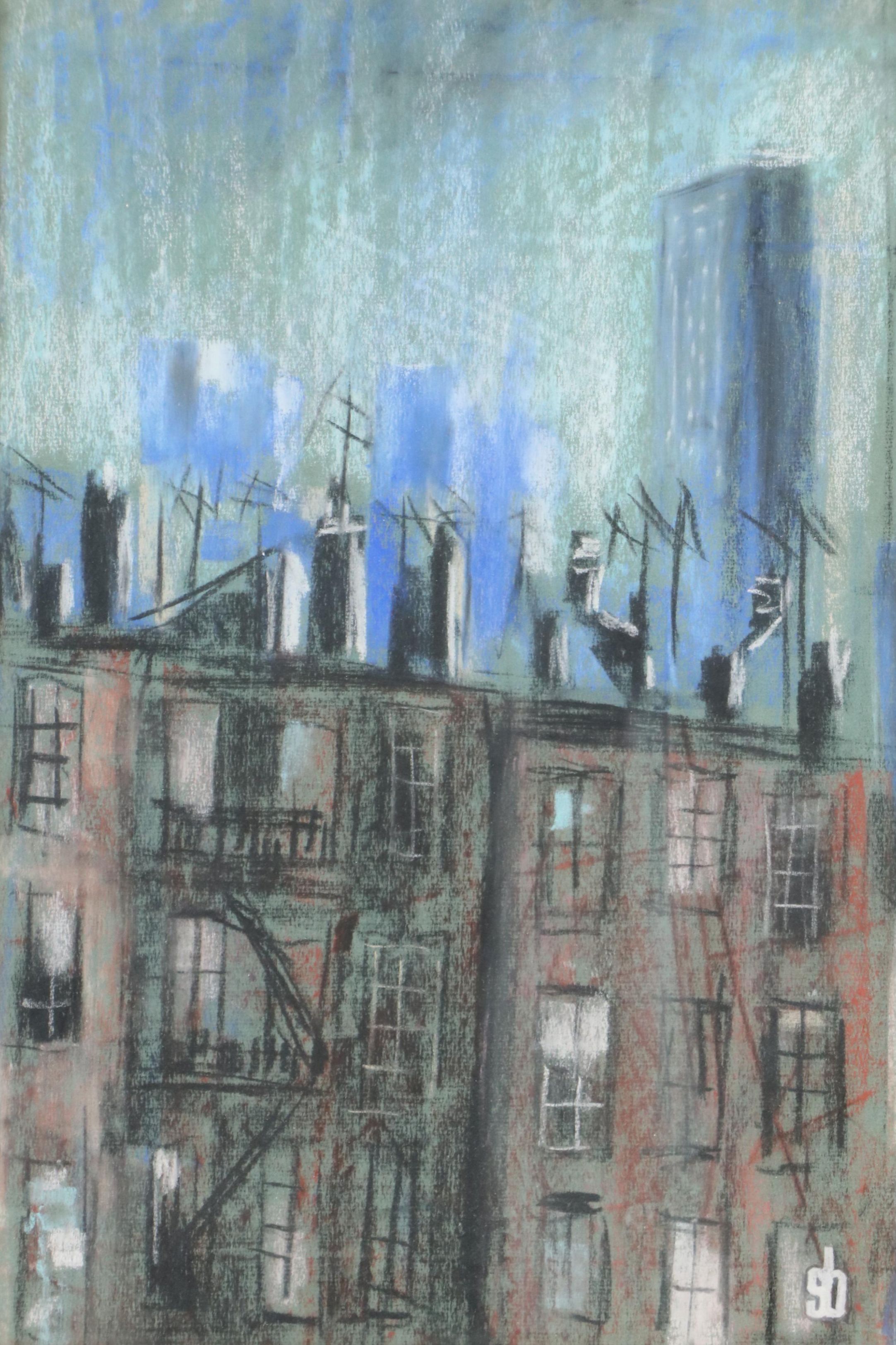 Sidney Braverman Modern Pastel Drawing of Industrial Urban Scene