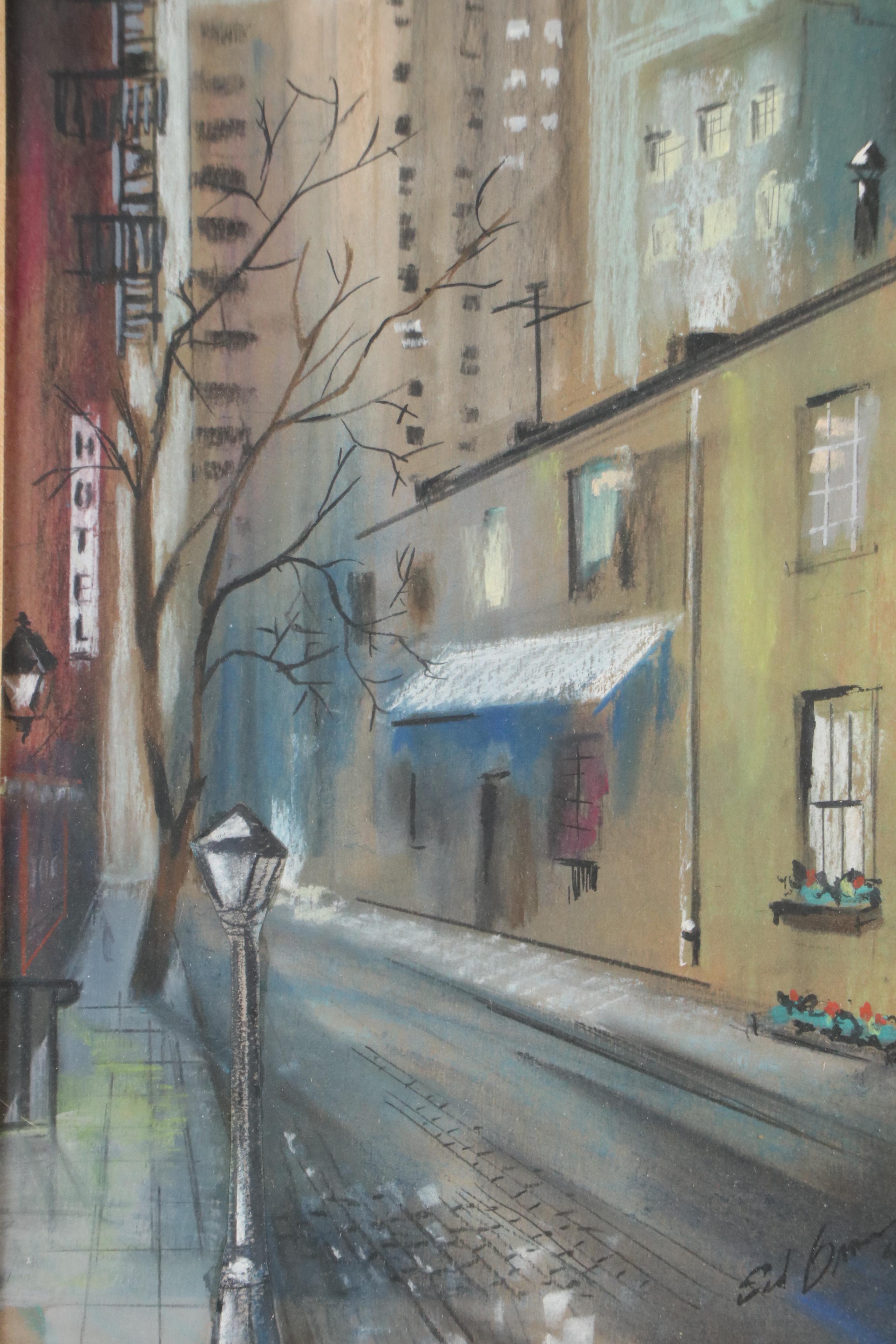 Sidney Braverman Modern Pastel Drawing of Urban Street Scene, Mid-20th Century