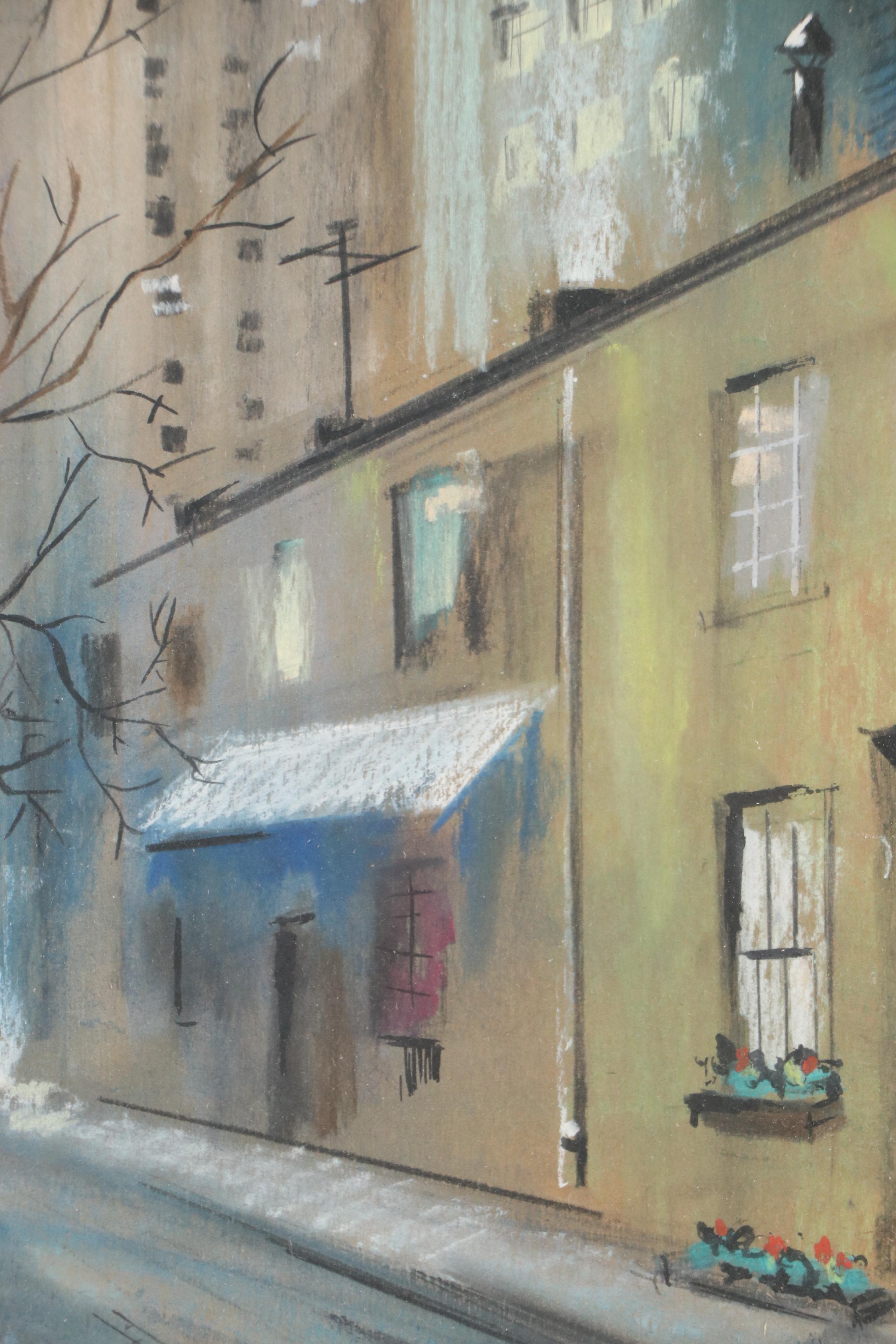 Sidney Braverman Modern Pastel Drawing of Urban Street Scene, Mid-20th Century