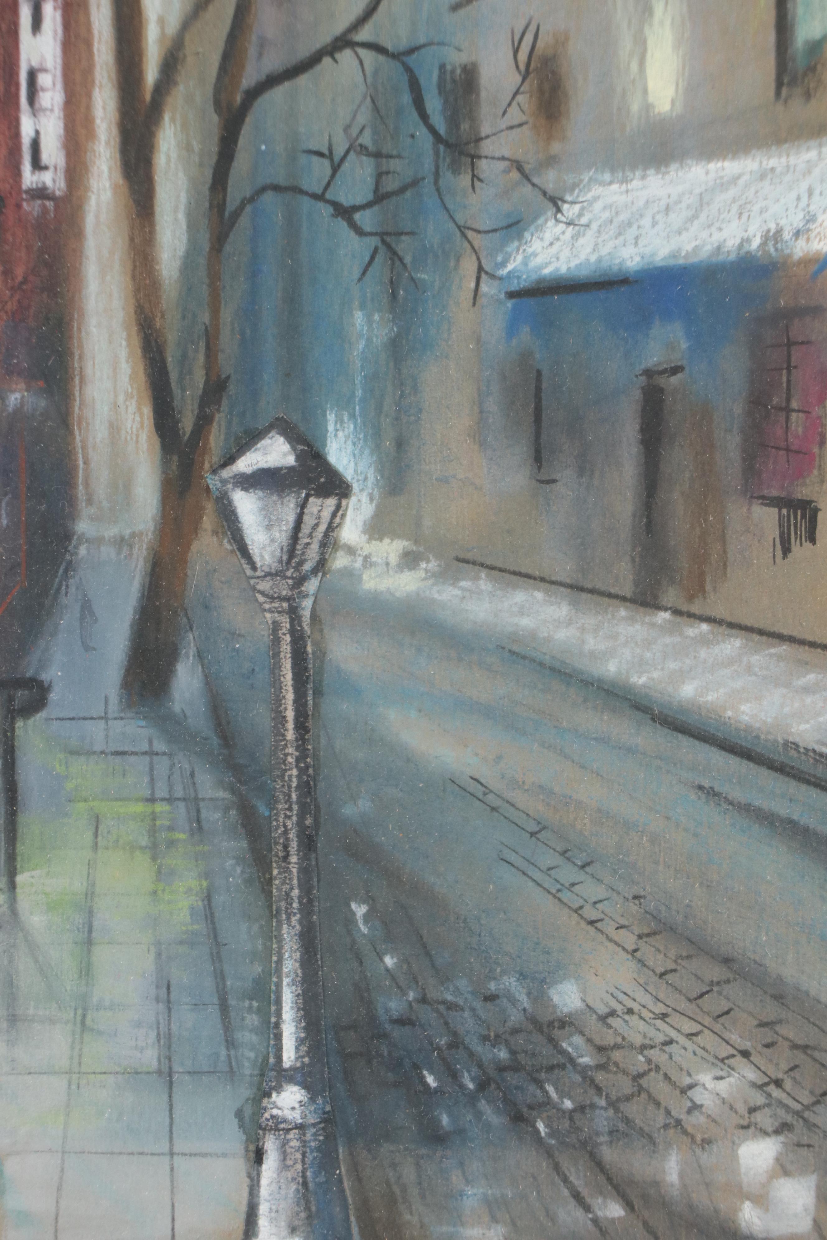 Sidney Braverman Modern Pastel Drawing of Urban Street Scene, Mid-20th Century