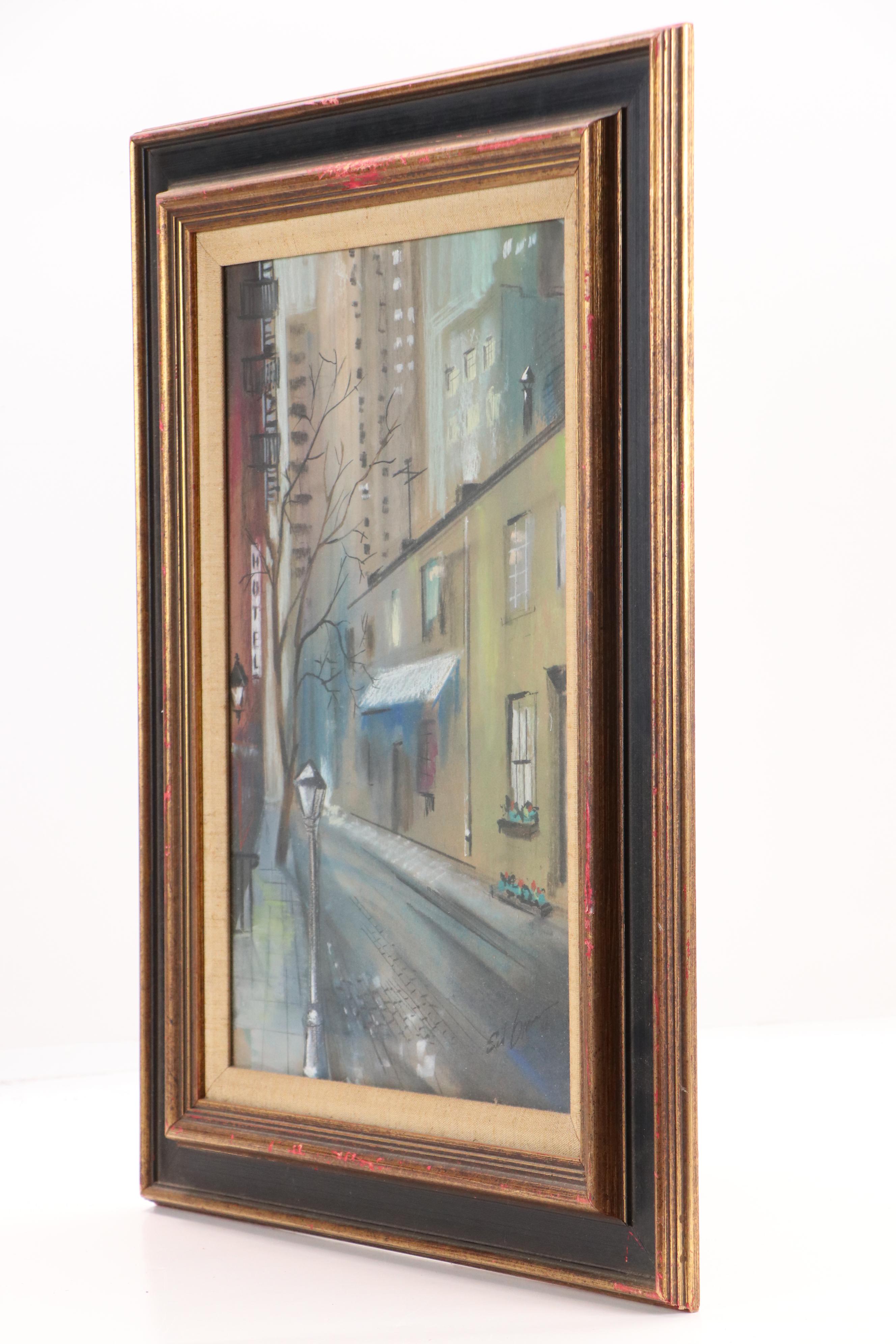 Sidney Braverman Modern Pastel Drawing of Urban Street Scene, Mid-20th Century