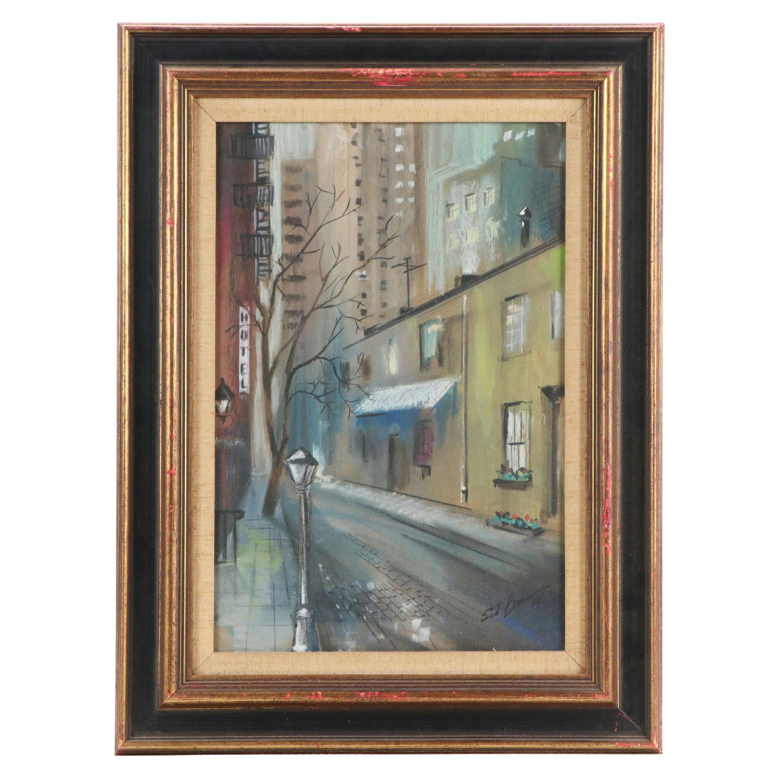 Sidney Braverman Modern Pastel Drawing of Urban Street Scene, Mid-20th Century