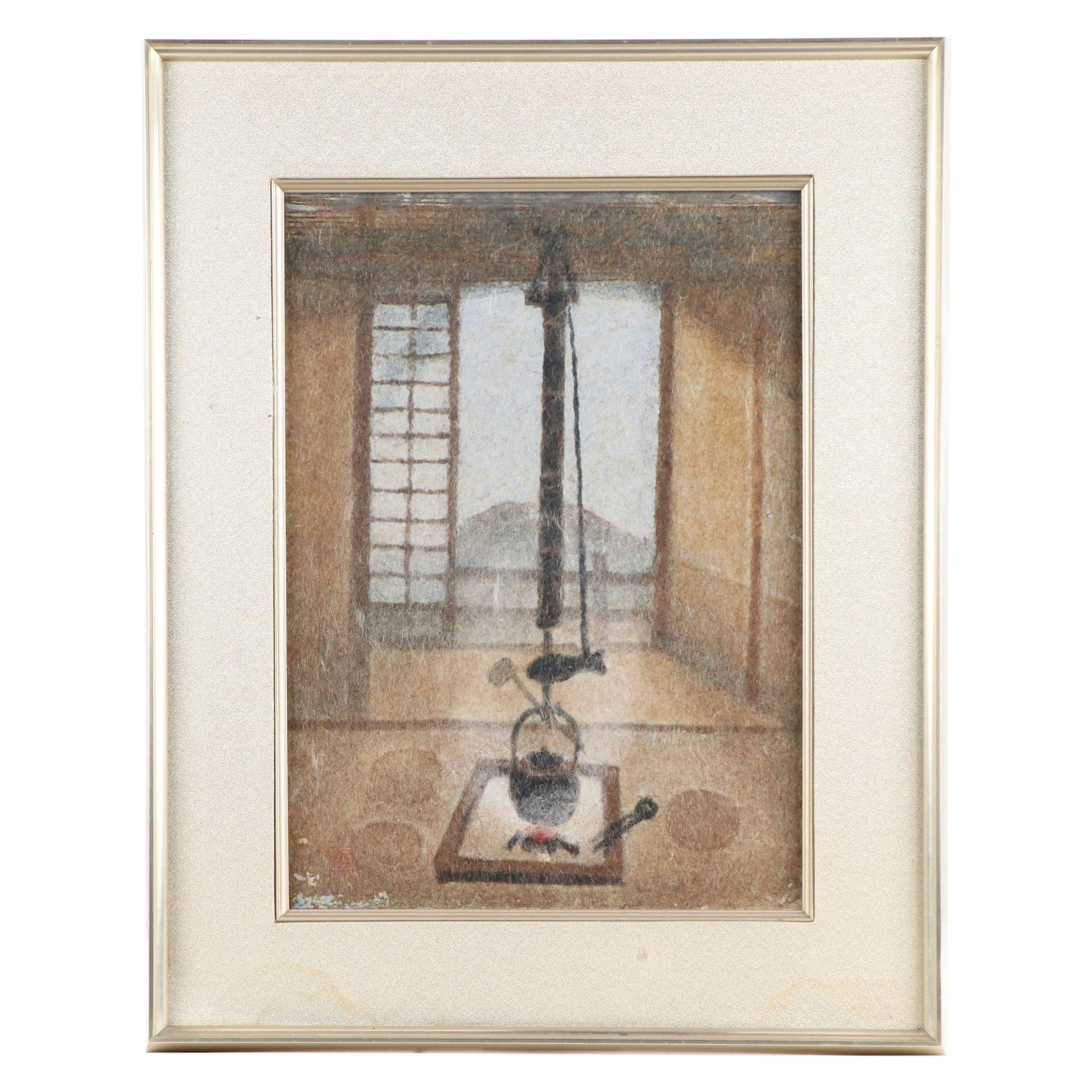 Ink Wash Painting of Traditional Japanese Interior Scene, 20th Century