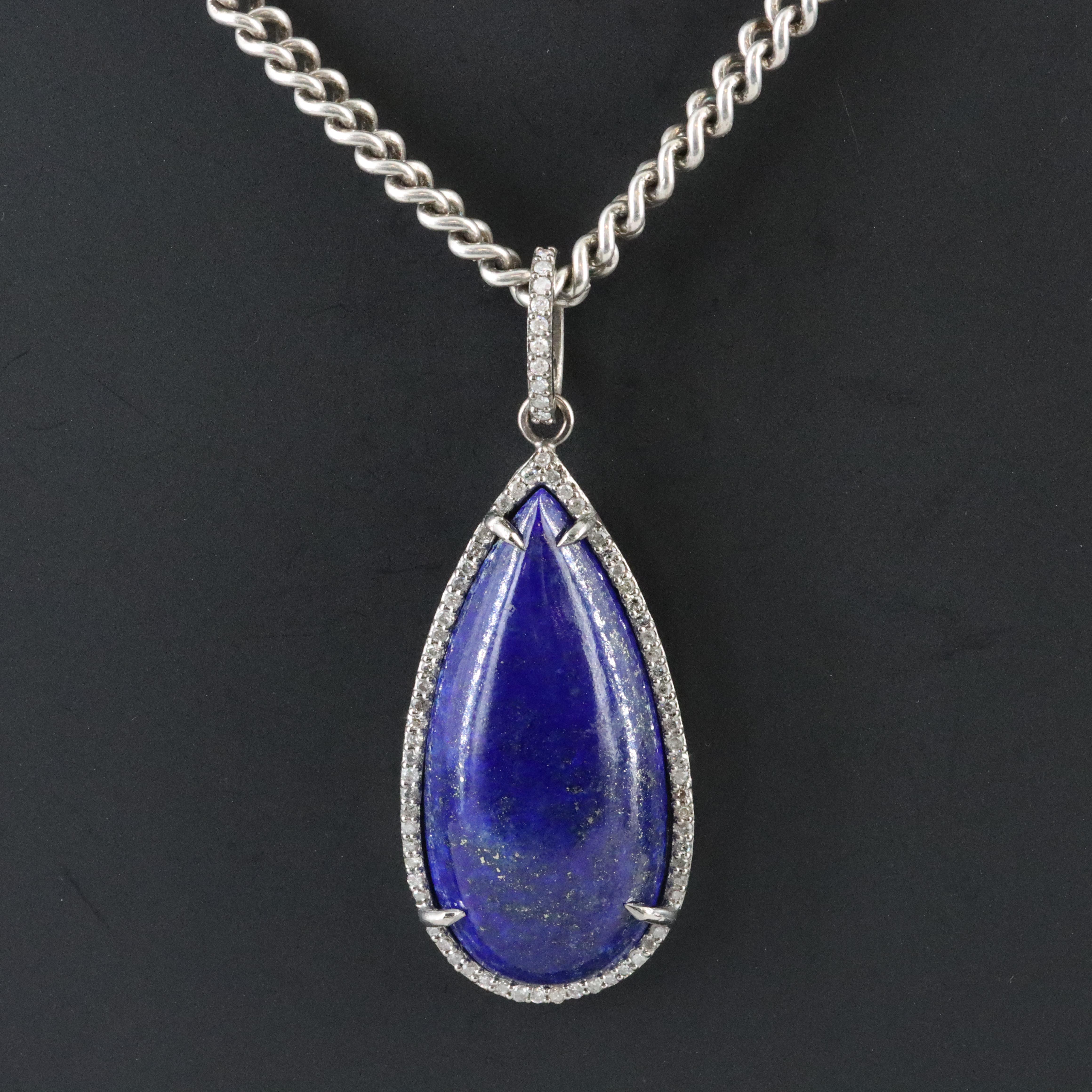 Sheryl Lowe Sterling Lapis Lazuli and Diamond Drop Pendant Necklace