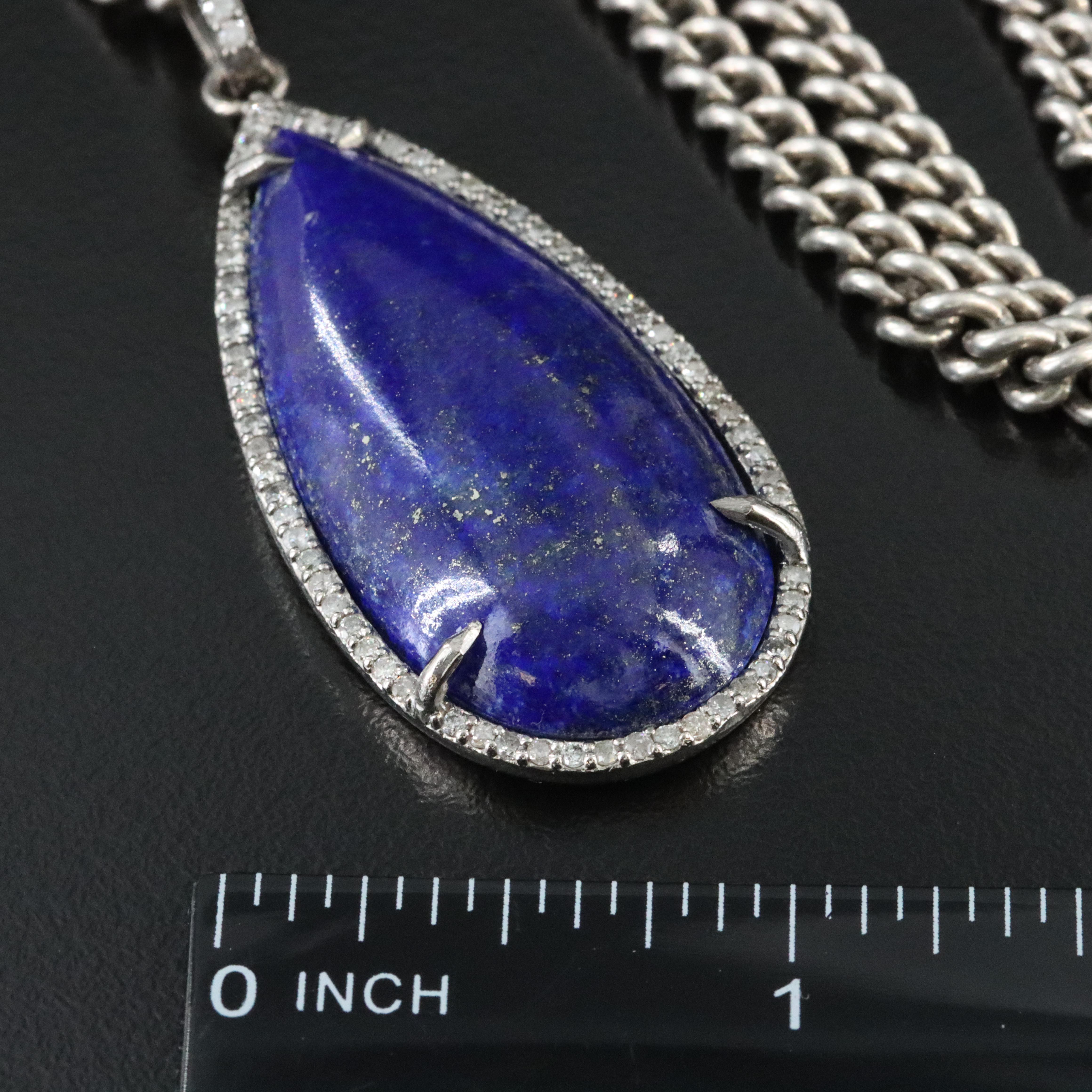 Sheryl Lowe Sterling Lapis Lazuli and Diamond Drop Pendant Necklace