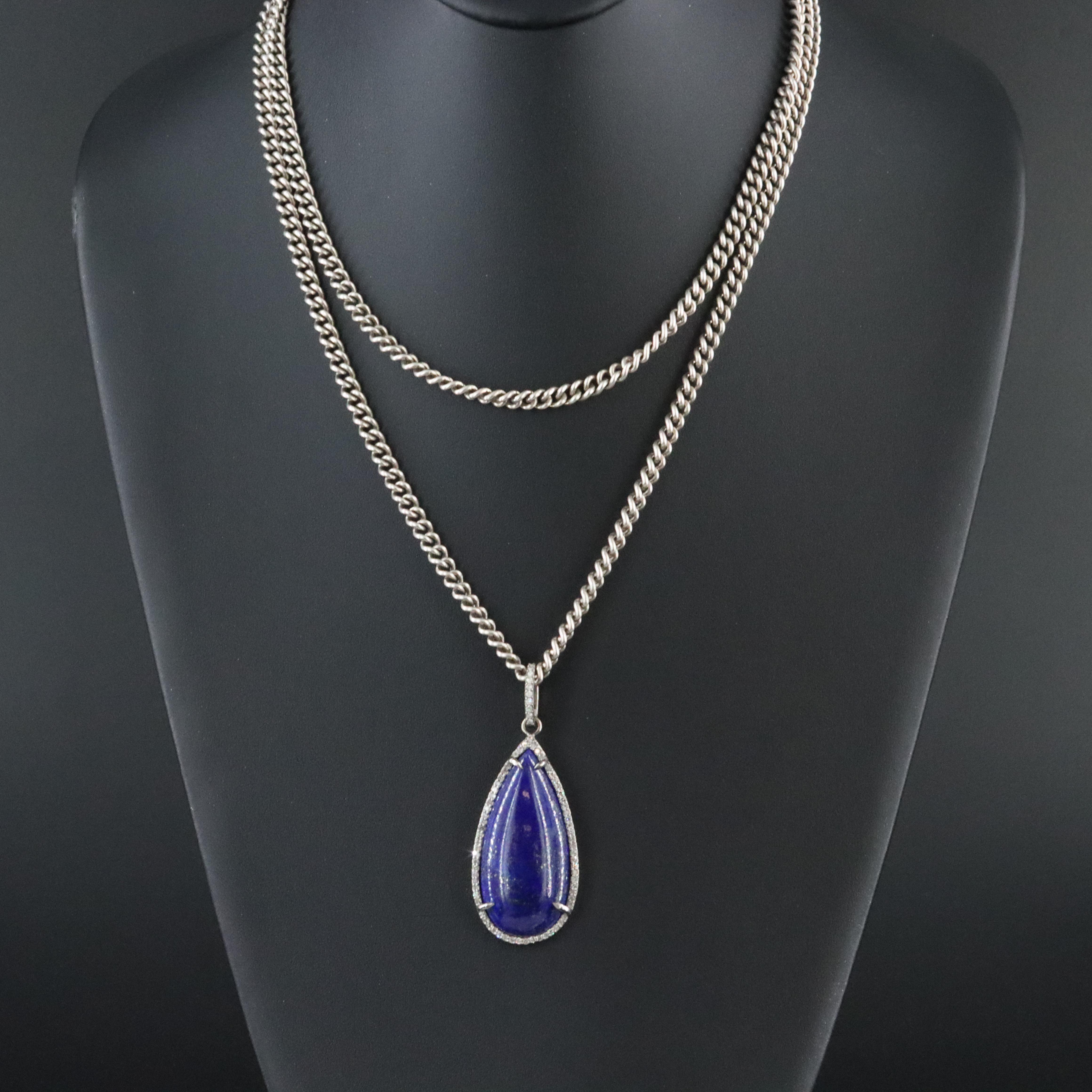 Sheryl Lowe Sterling Lapis Lazuli and Diamond Drop Pendant Necklace