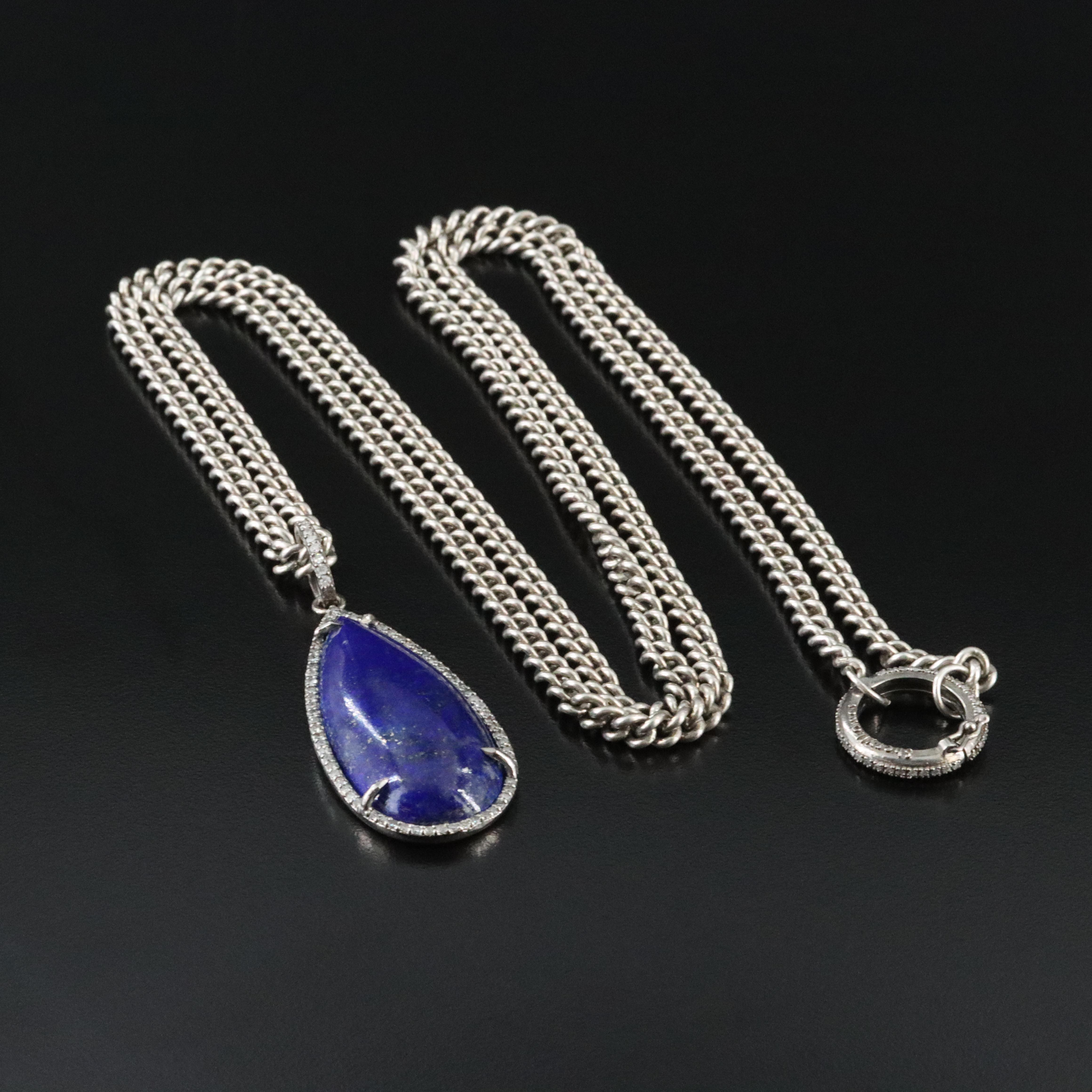 Sheryl Lowe Sterling Lapis Lazuli and Diamond Drop Pendant Necklace