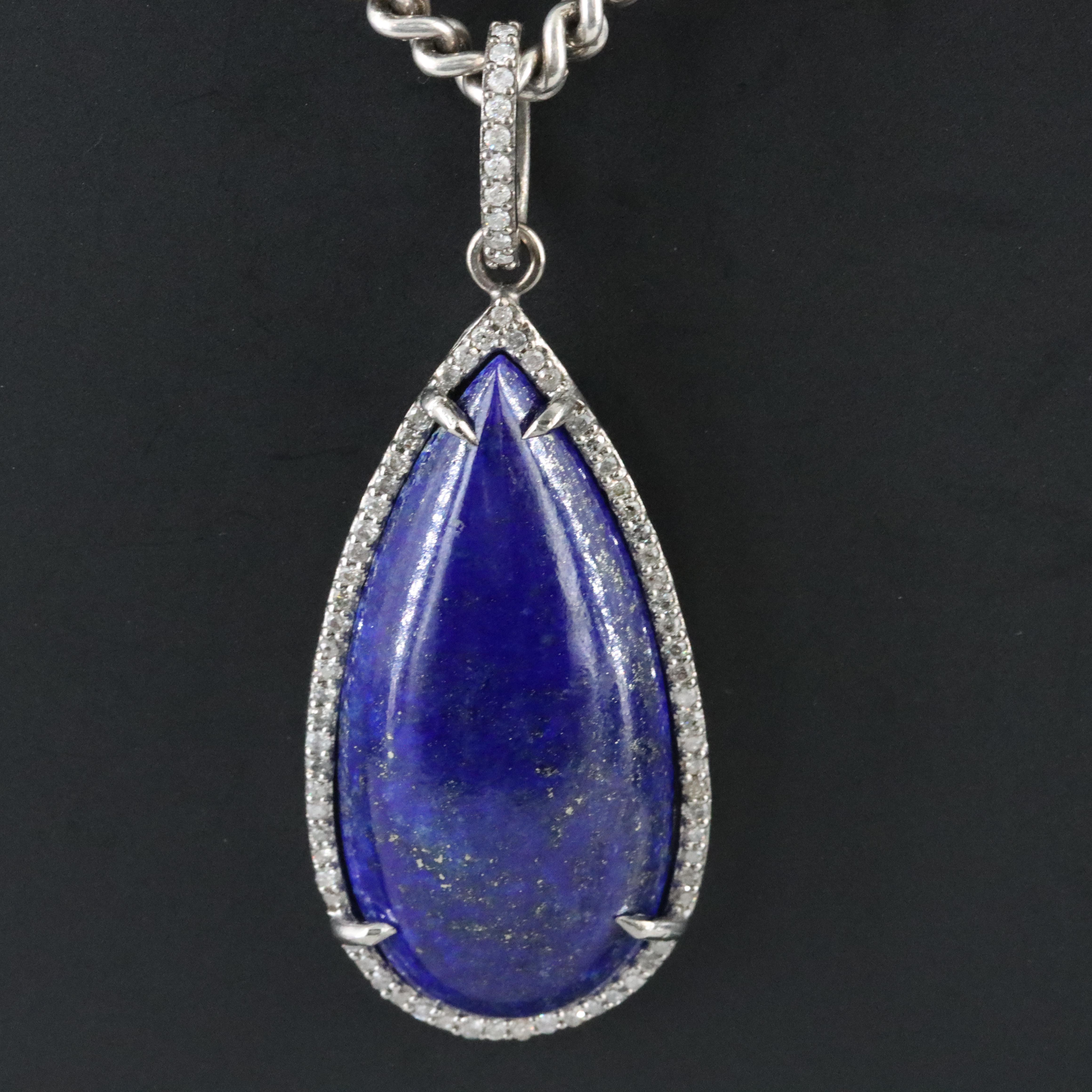Sheryl Lowe Sterling Lapis Lazuli and Diamond Drop Pendant Necklace