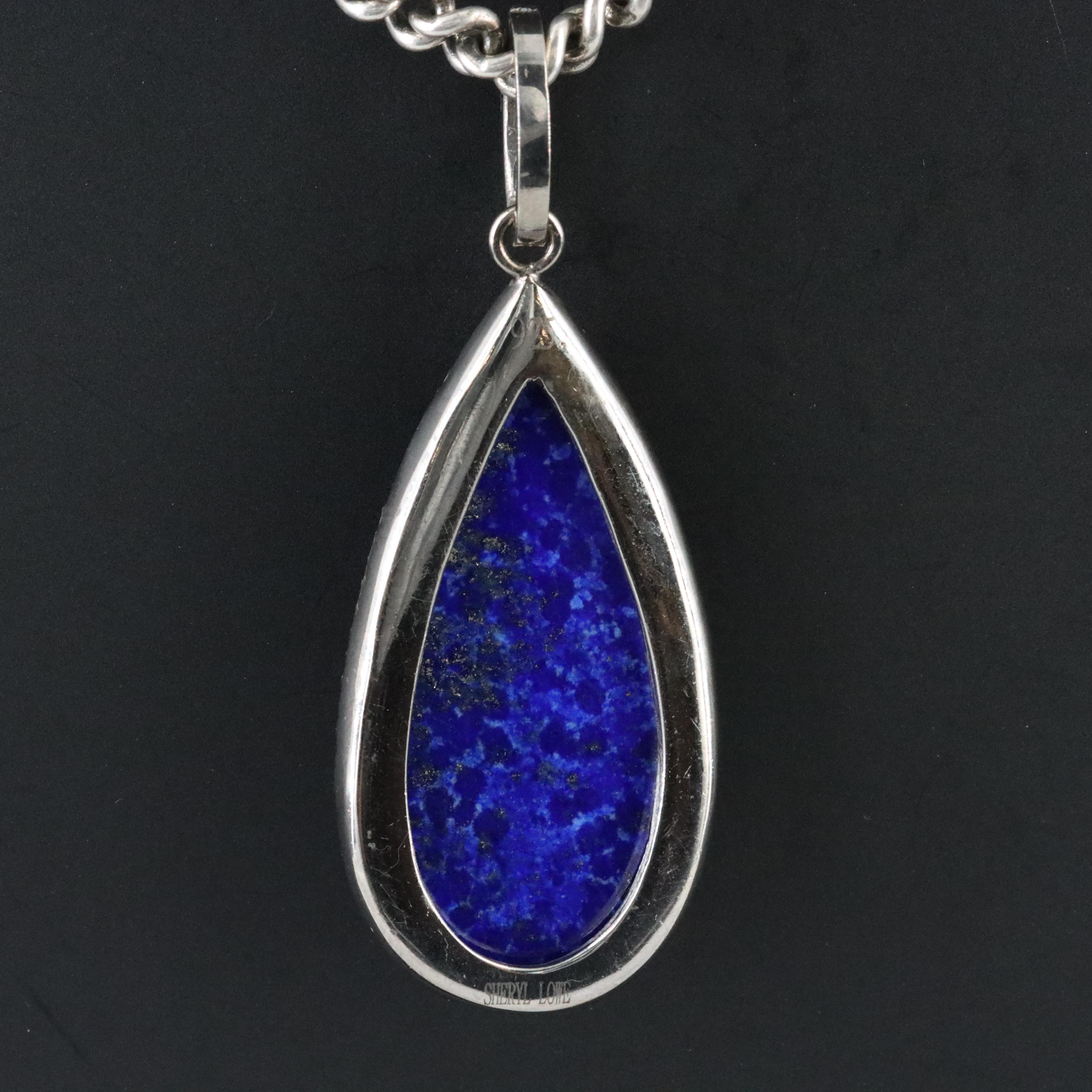 Sheryl Lowe Sterling Lapis Lazuli and Diamond Drop Pendant Necklace
