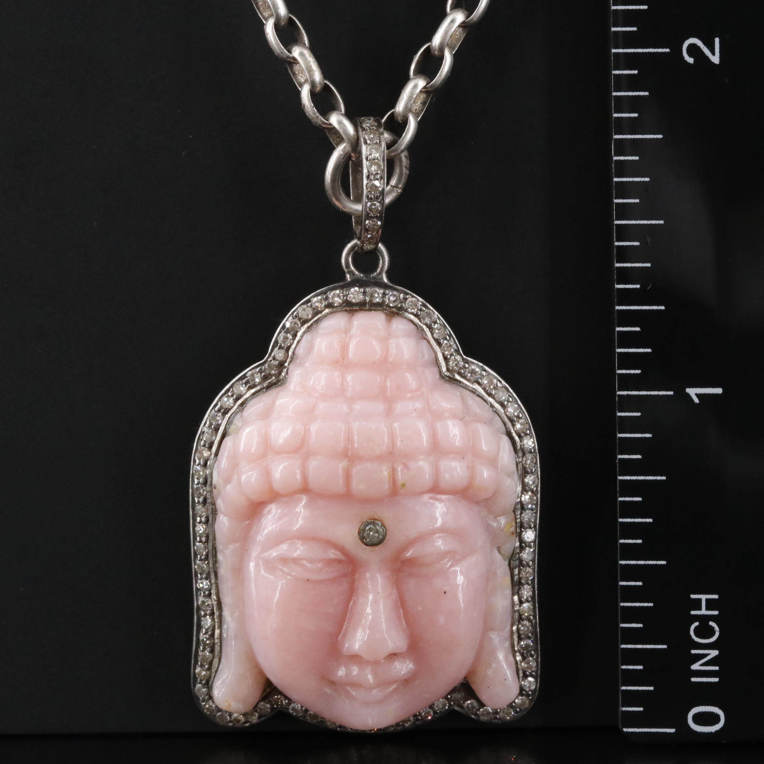 Sheryl Lowe Sterling Pink Opal and Diamond Buddha Head Pendant Necklace