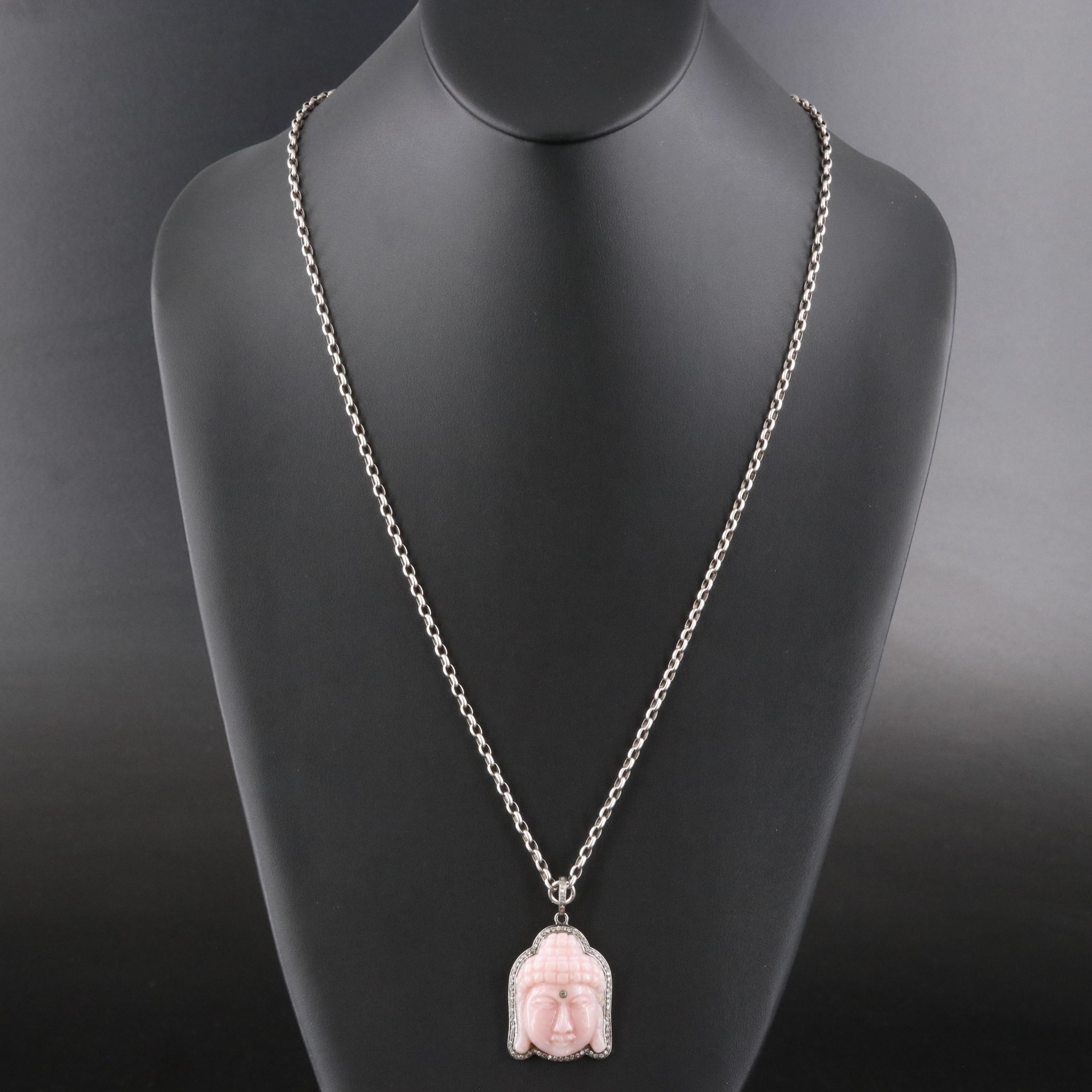 Sheryl Lowe Sterling Pink Opal and Diamond Buddha Head Pendant Necklace