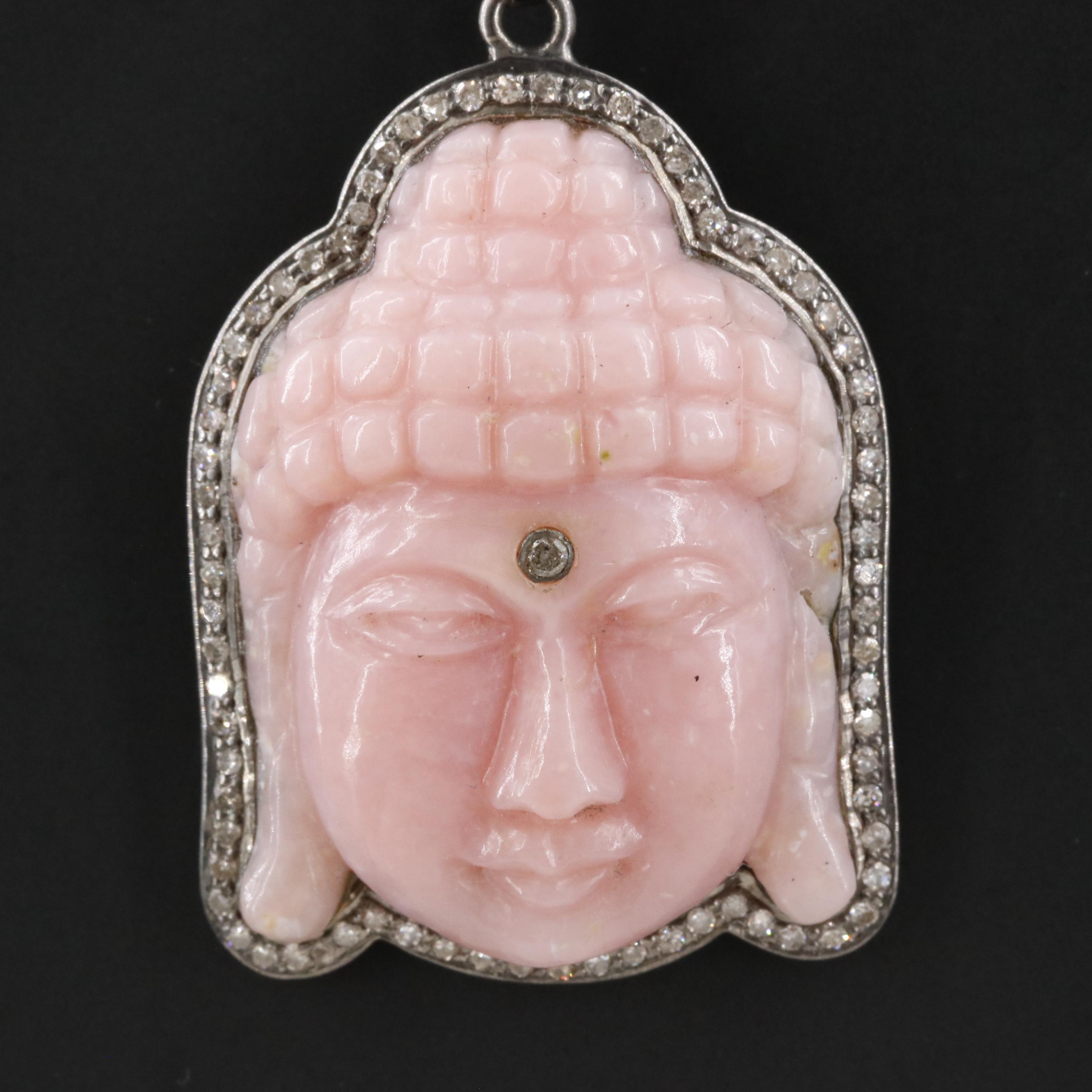 Sheryl Lowe Sterling Pink Opal and Diamond Buddha Head Pendant Necklace