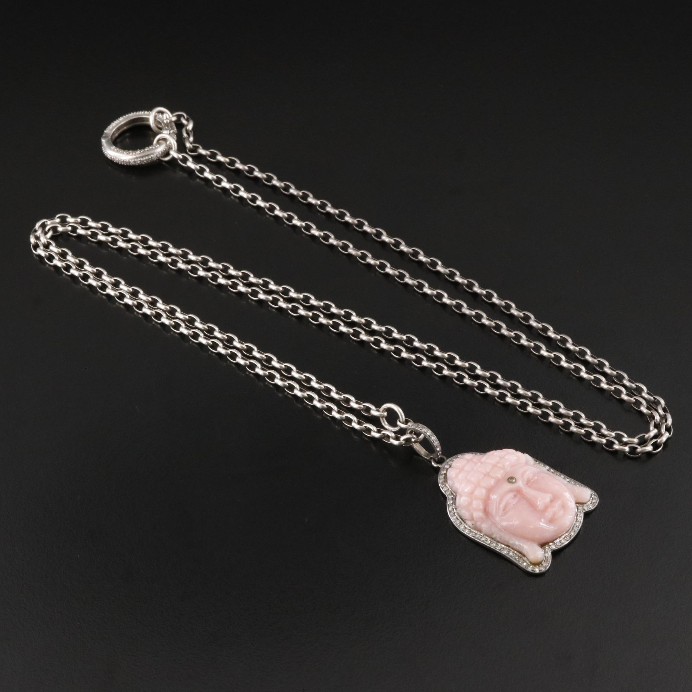 Sheryl Lowe Sterling Pink Opal and Diamond Buddha Head Pendant Necklace