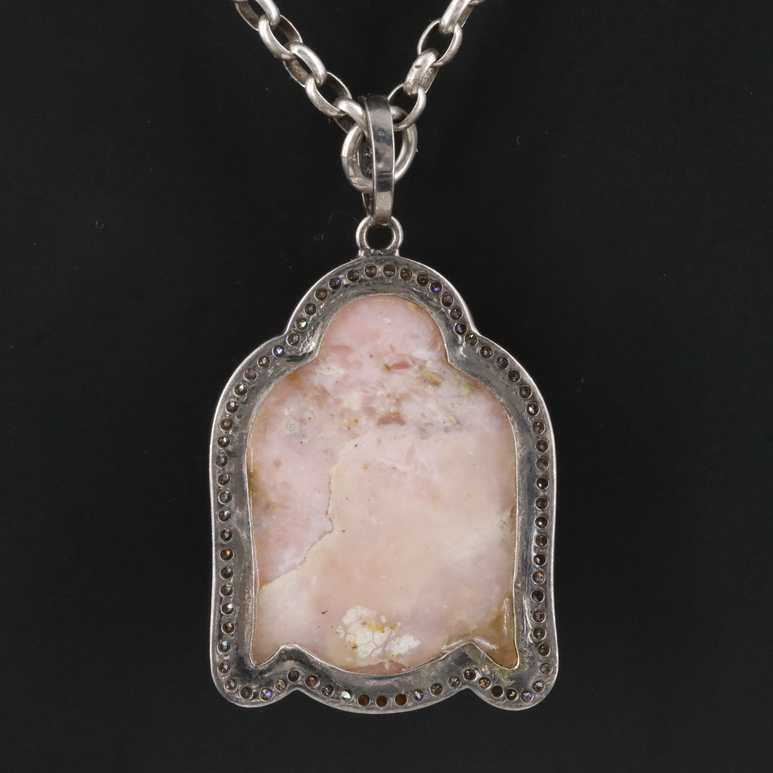 Sheryl Lowe Sterling Pink Opal and Diamond Buddha Head Pendant Necklace