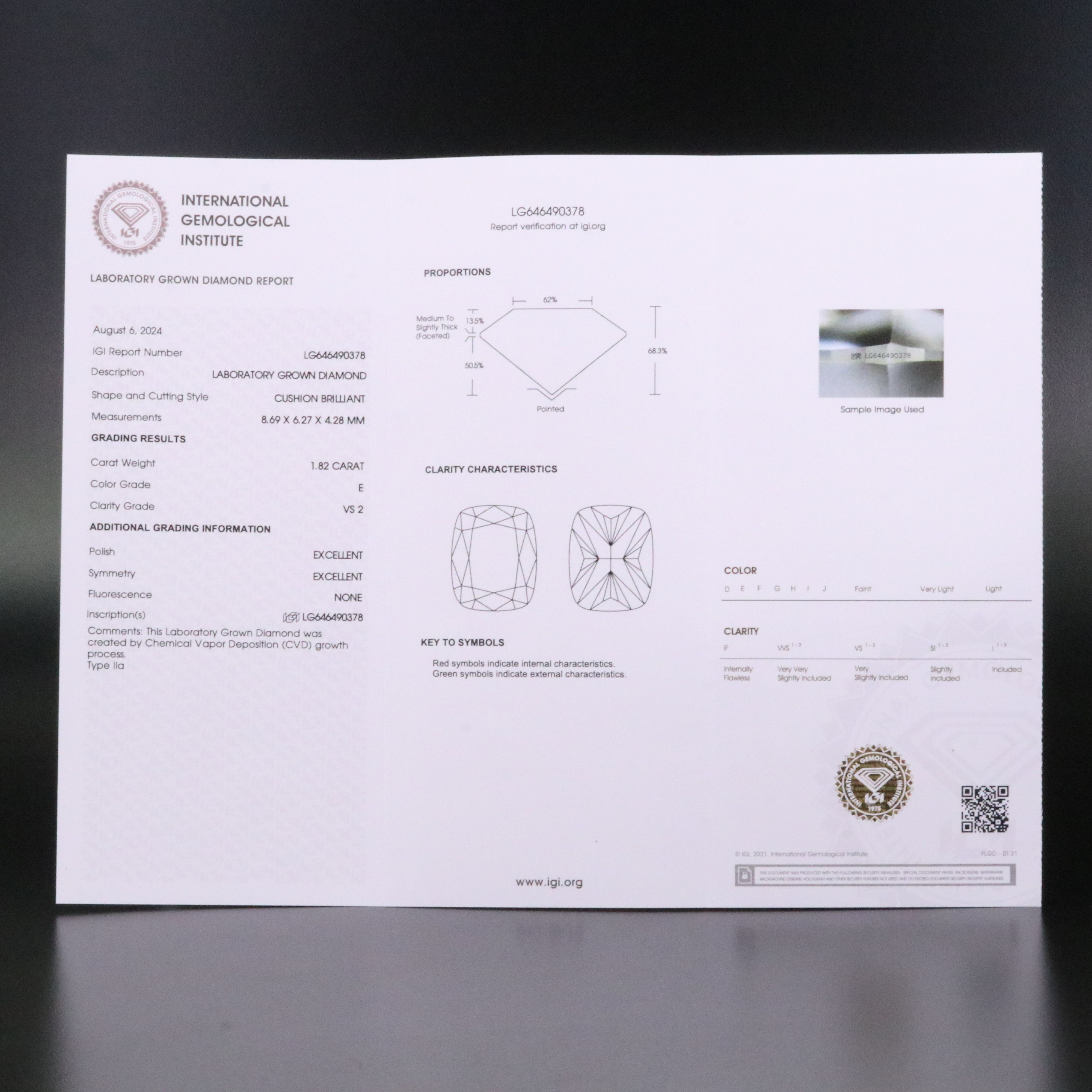 Loose 1.82 CT Lab Grown Diamond with IGI Report